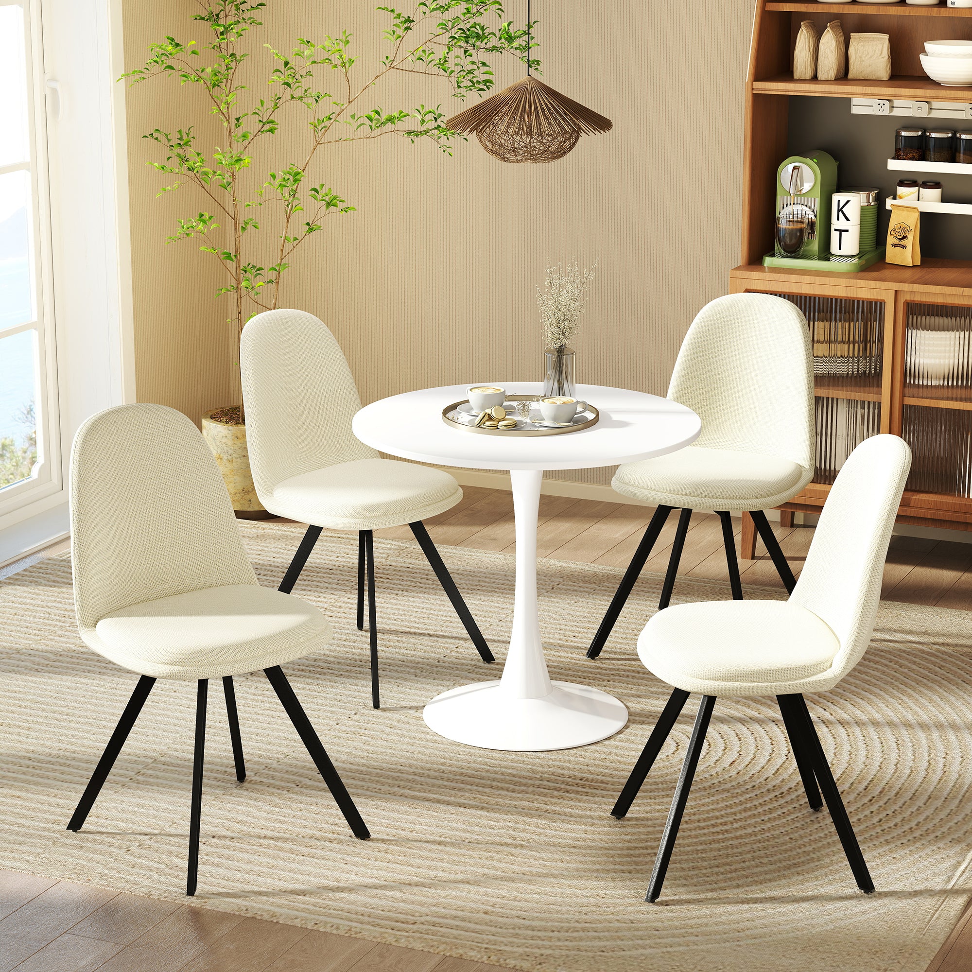 Homy Casa Clift 5PC Dining Set 31.5” White Round Dining Table with 4 Sunflower Swivel Beige Fabric Dining Chairs Open Box