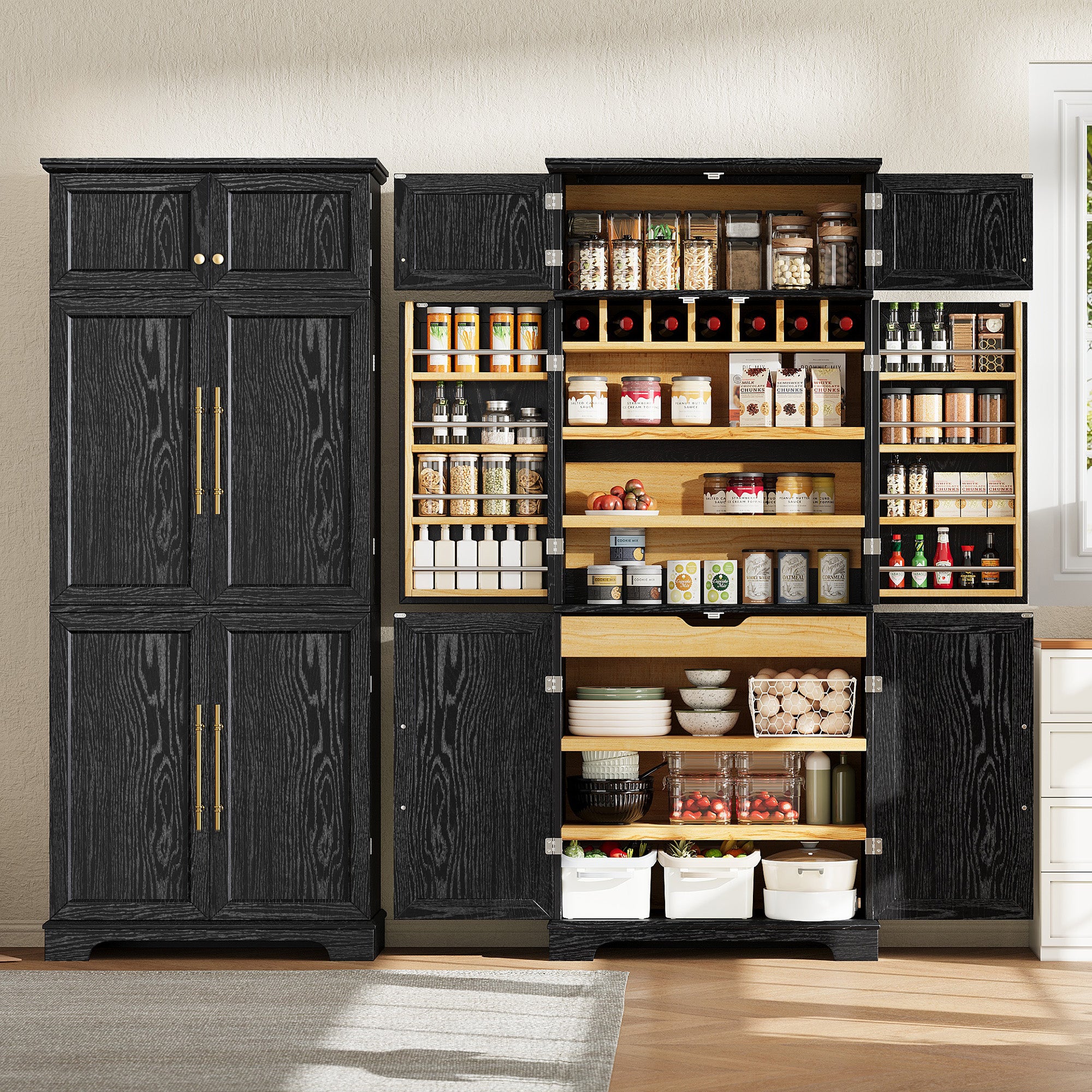 Bristol 78.2" Farmhouse Ash-Black Kitchen Pantry Cabinet with Adjustable Shelves