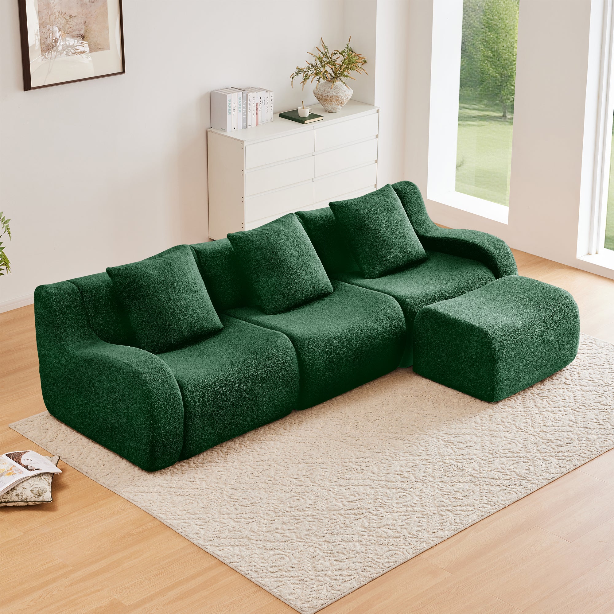 Chico 115" Modular Teddy Fabric L-Shaped Sofa with Curved Armrests and Movable Ottoman