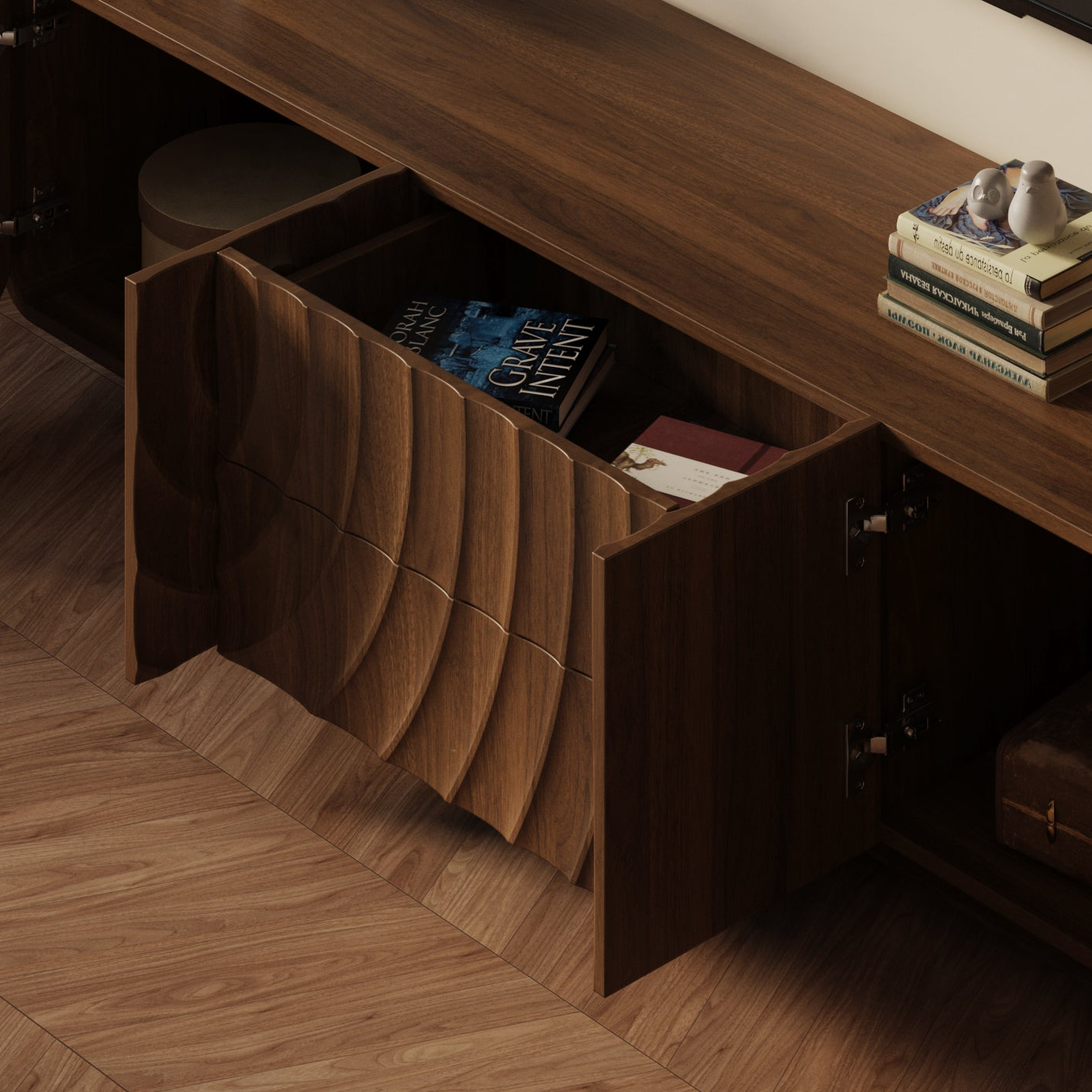 Grenoble 70'' Modern TV Stand with Storage Cabinets and Spiral Wave Design