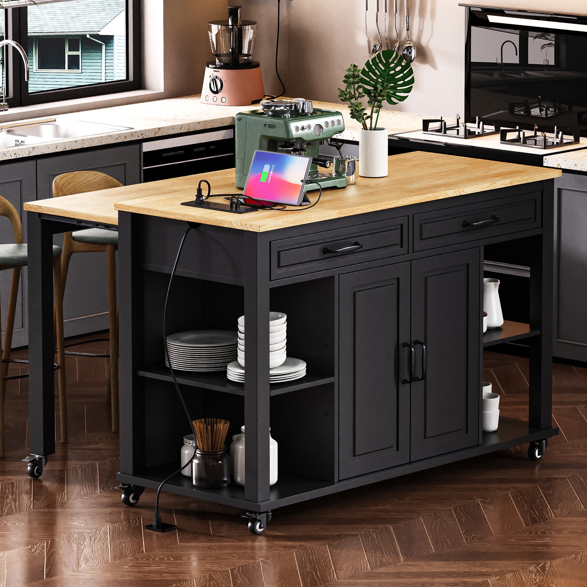 Athens 47" Rolling Kitchen Island with Extendable Dining Table and Power Outlet