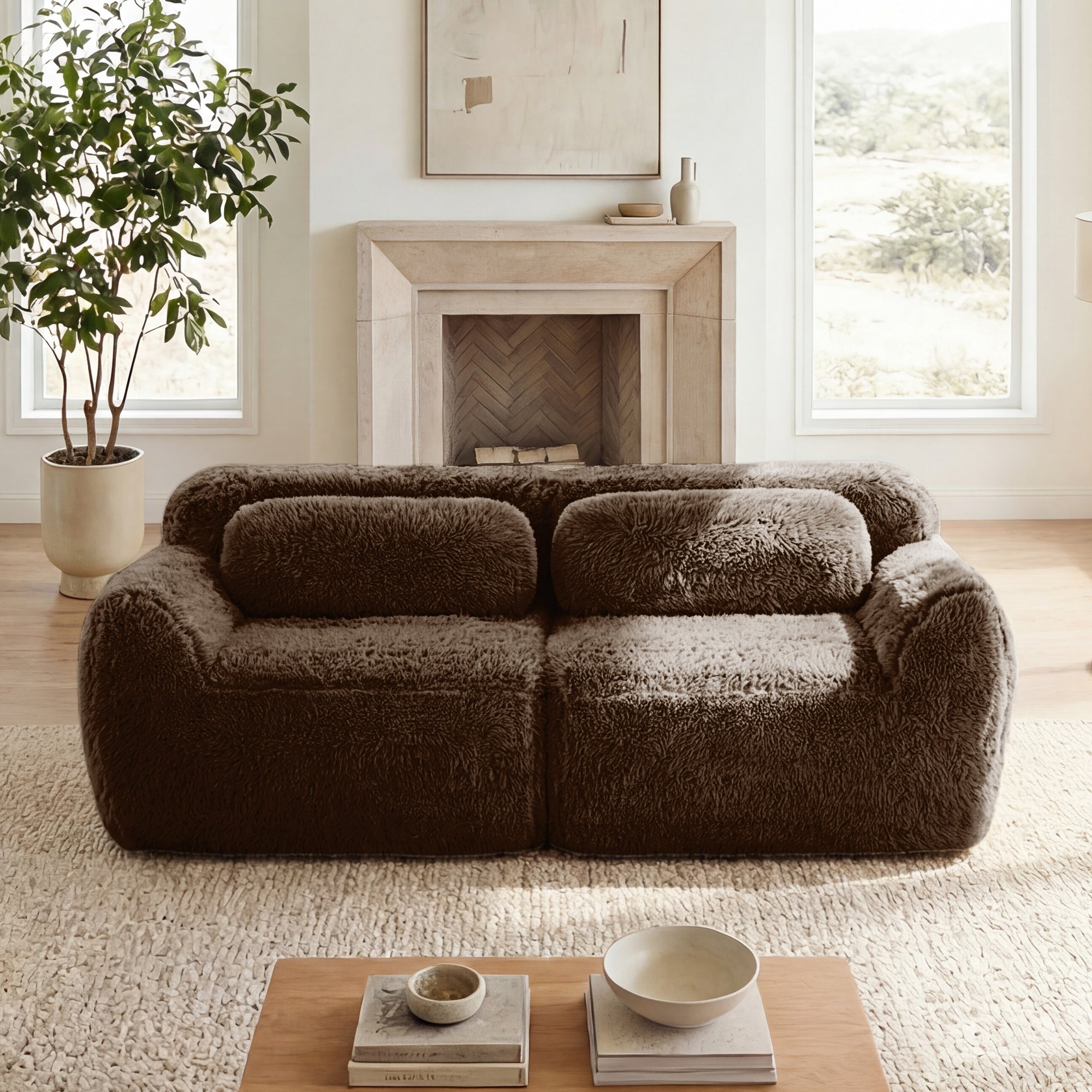 2-Seater Modular Sectional Sofa Couch, Plush Fabric, No Assembly, Ergonomic, Anti-Slip Base, with Throw Pillows, Chocolate