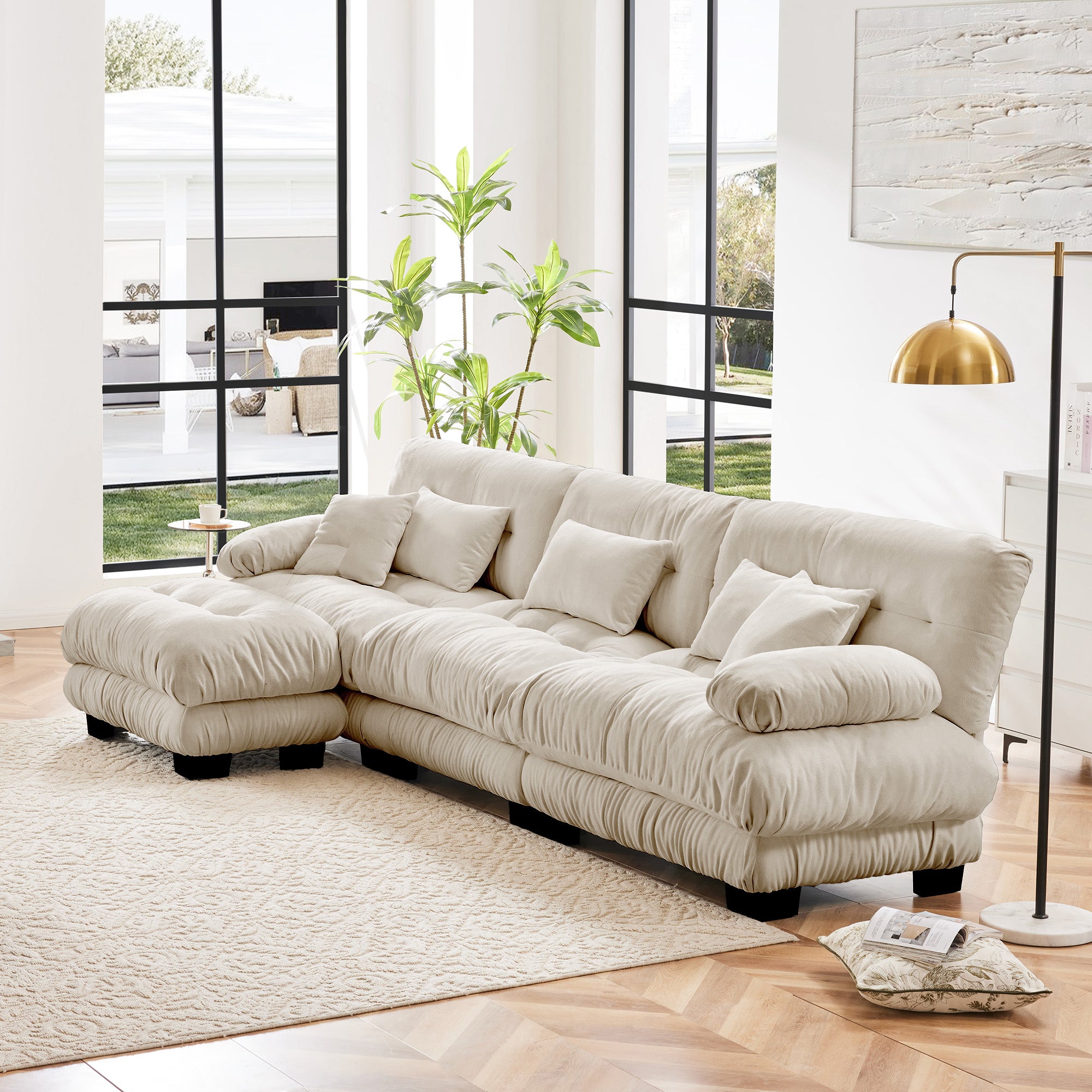 Monterey 134" Modular Chenille Cloud L-Shaped Sectional Sofa with Convertible Ottoman
