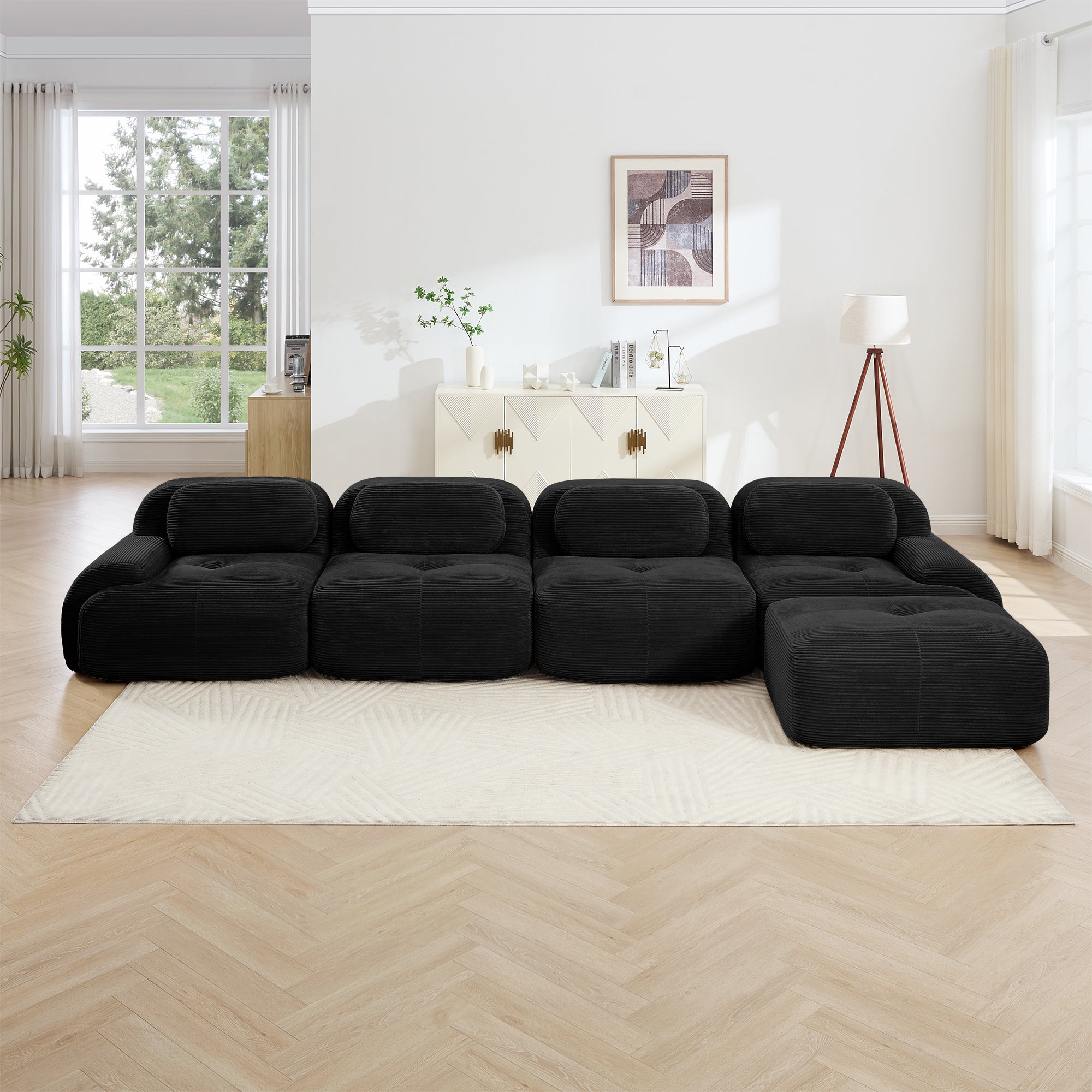 Anchorage 152" Modular Corduroy Cloud L-Shaped Sectional Sofa with Ottoman