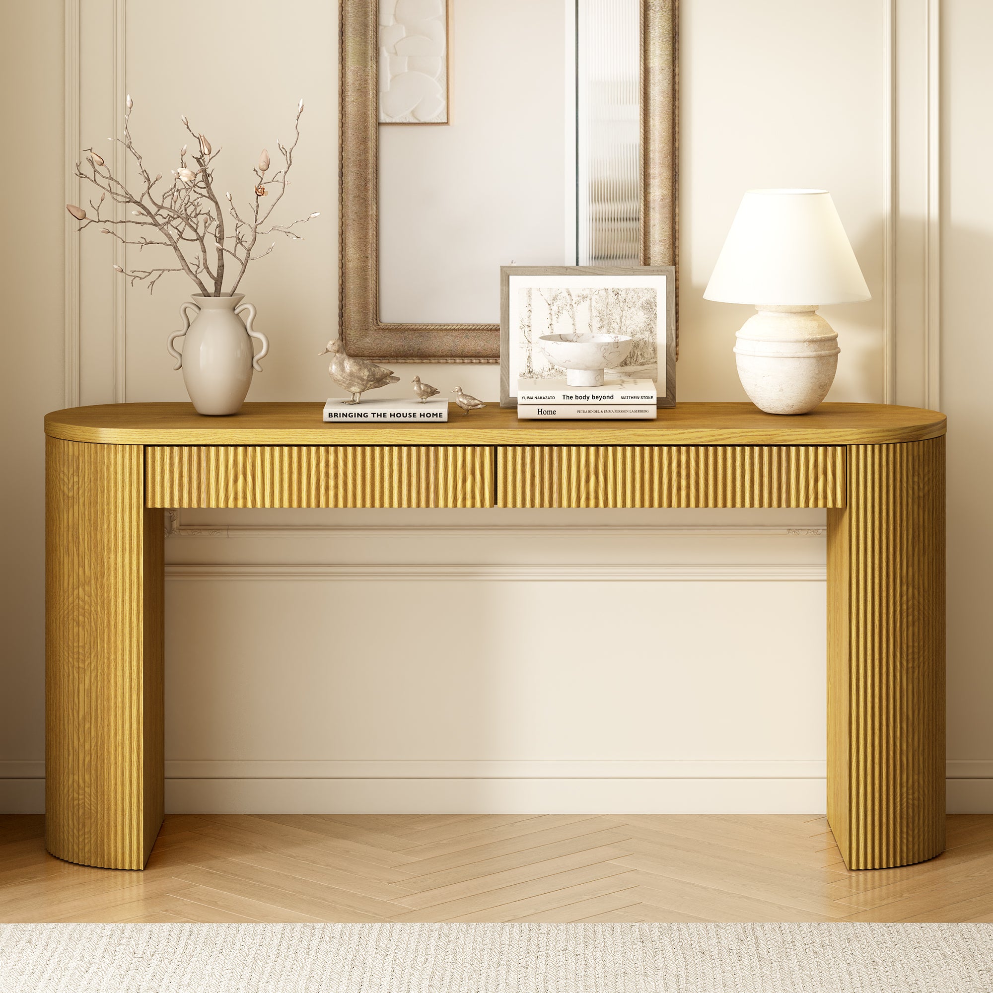 58.2' Entryway Table with Large Top and Dual Drawers,Console Table with Arched Sturdy Legs Stripe Design,Pine Veneer Sofa Table with Adjustable Feet for Living Room, Hallway,Foyer, Kitchen
