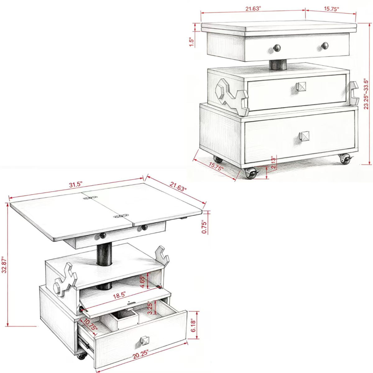 Pistoia Rolling Lift-Top End Table with Charging Station and Drawers