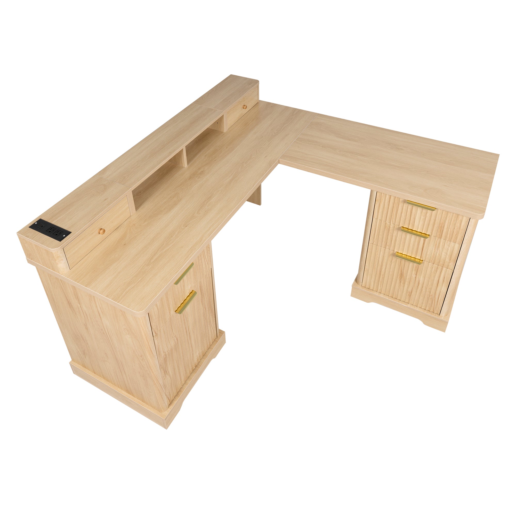 Vexon 59" Modern Fluted L-Shaped Office Desk with Storage Cabinets and Charging Station