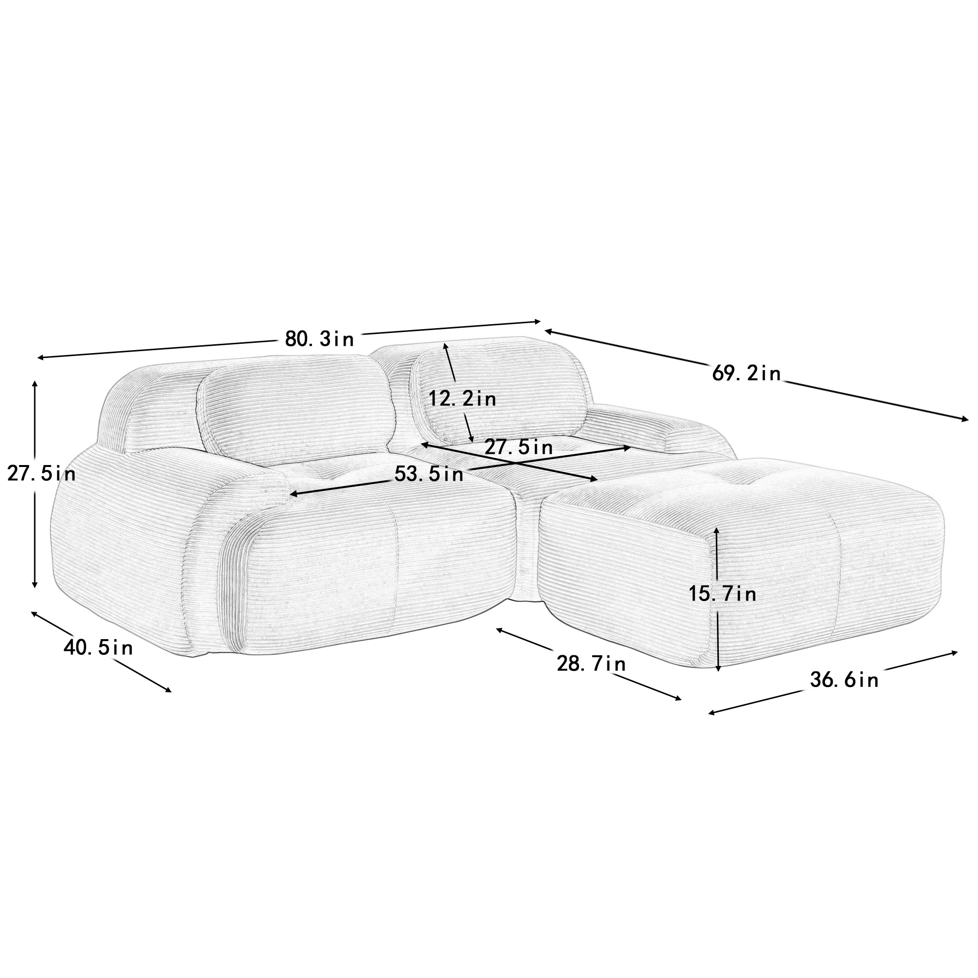 Anchorage 80" L-Shaped Modular Corduroy Cloud Sofa with Ottoman