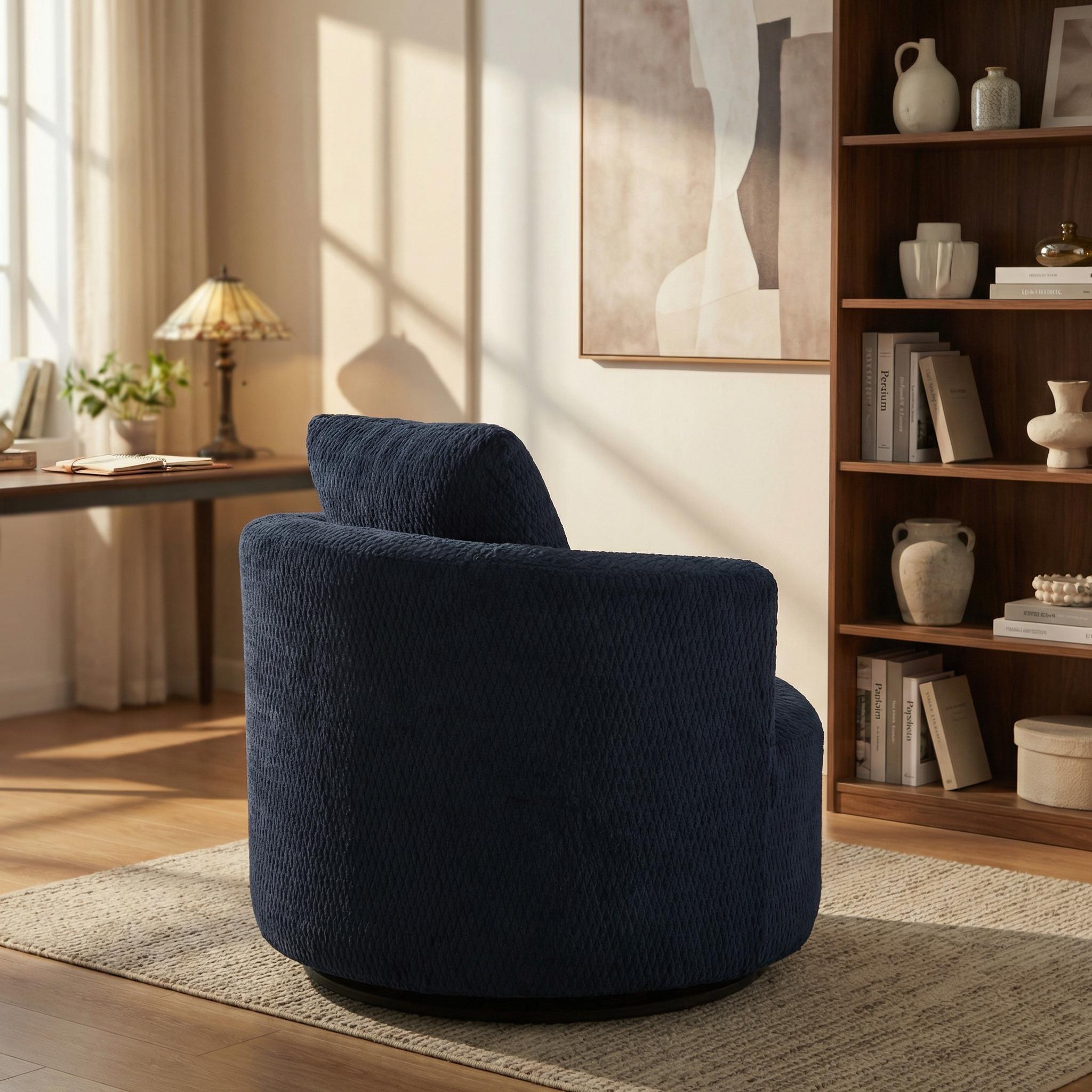 1-Pack Dark Blue Swivel Accent Chair, Modern Comfort Armchair with Faux Fur, 360° Rotation, Plush Sponge & Pocket Spring Support, Stylish Space-Saving Furniture for Living Room, Office, Apartment, Easy Assembly, Durable Wooden Base