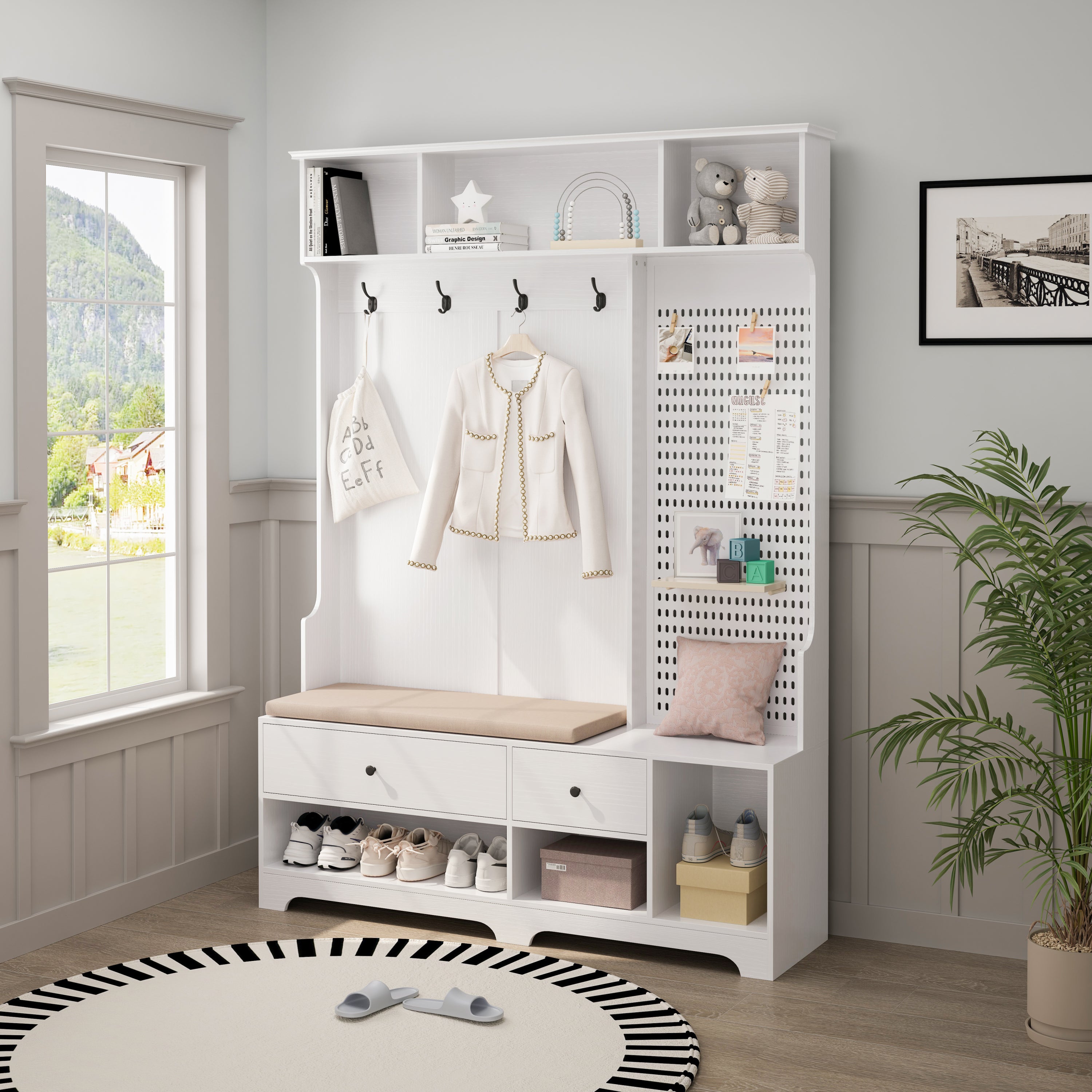 Vestia Hall Tree with Bench, Hooks, Shelves & Pegboard – All-in-One Entryway Mudroom Organizer