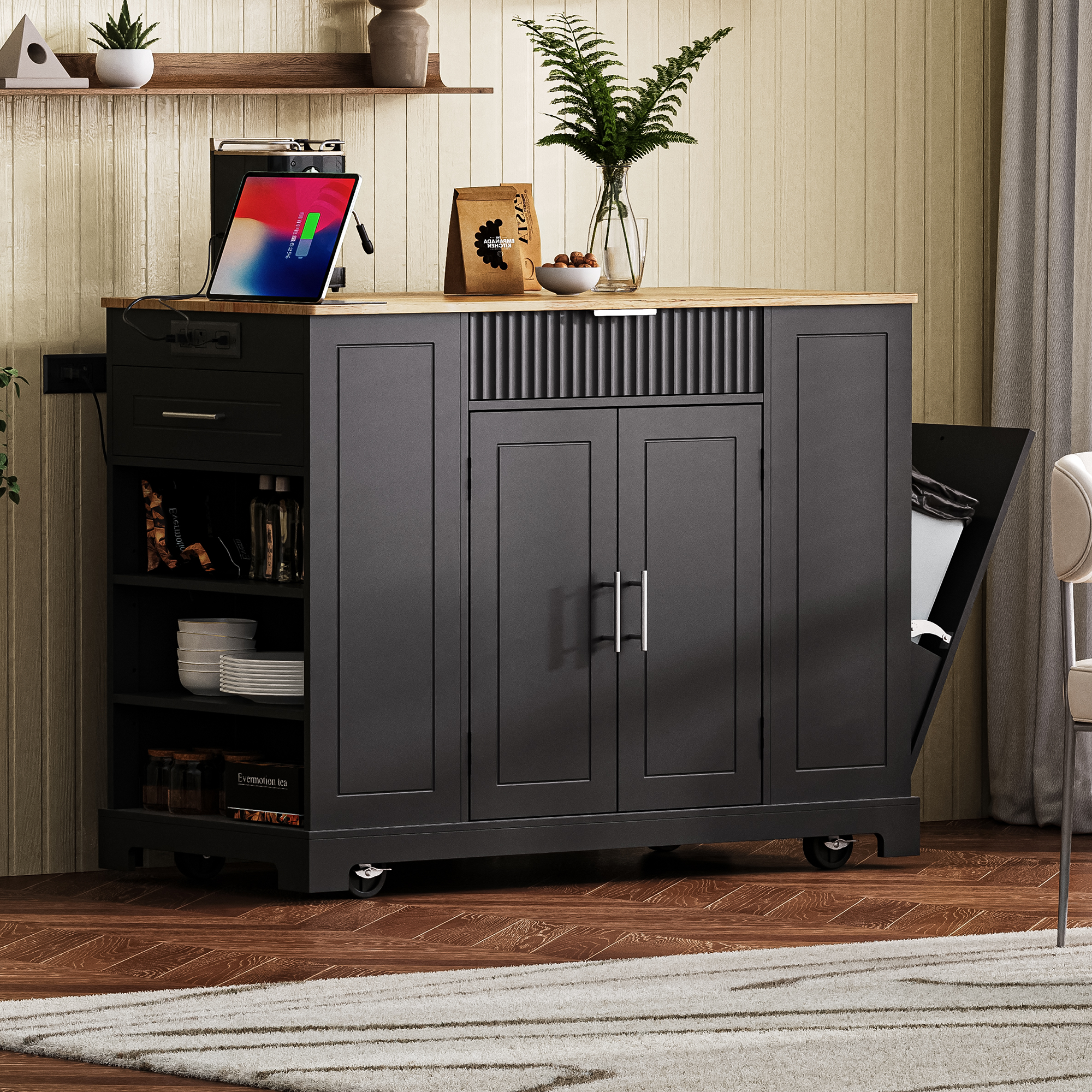 Talyn 55 Inch Fluted Kitchen Island with Power Outlet Trash Can Storage and Drawers