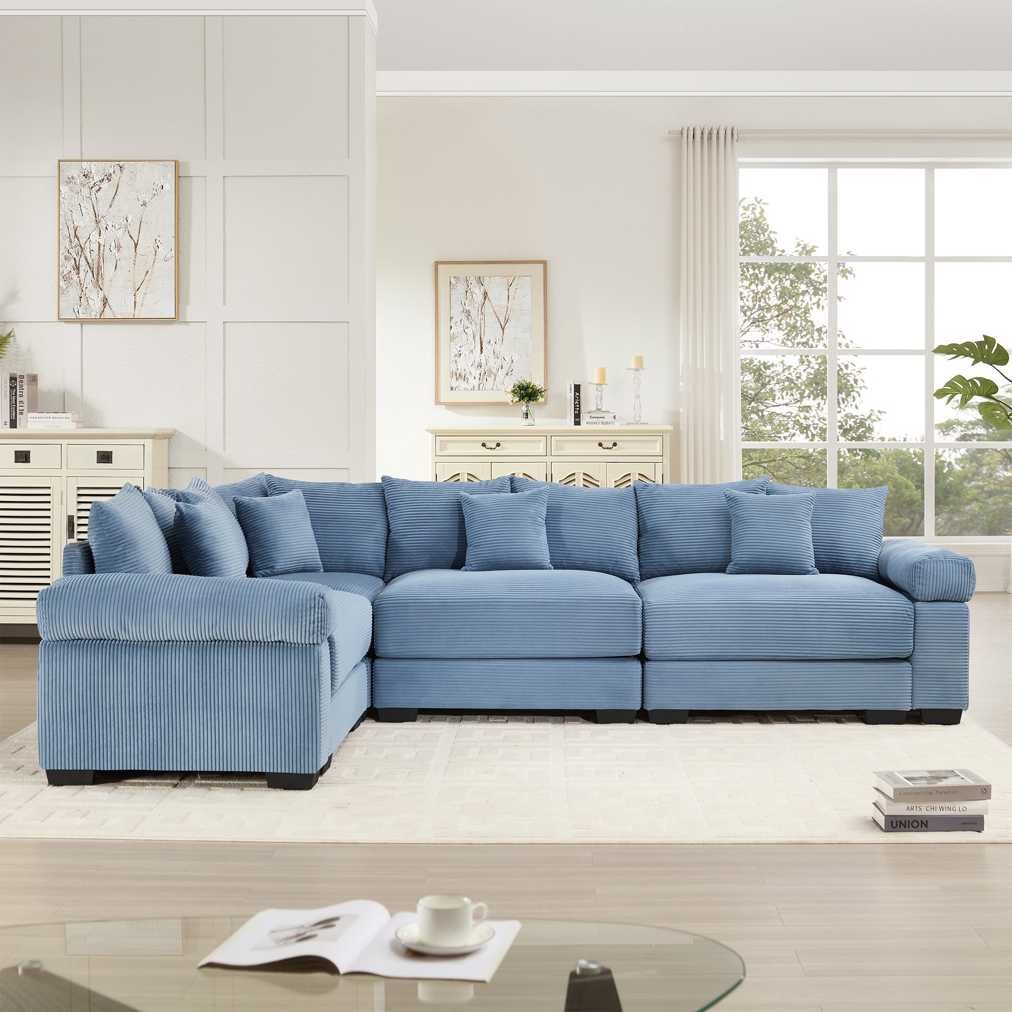 Albany 130" Modular Corduroy Cloud L-Shaped Sectional Sofa with Ottoman and Extra-Thick Armrests
