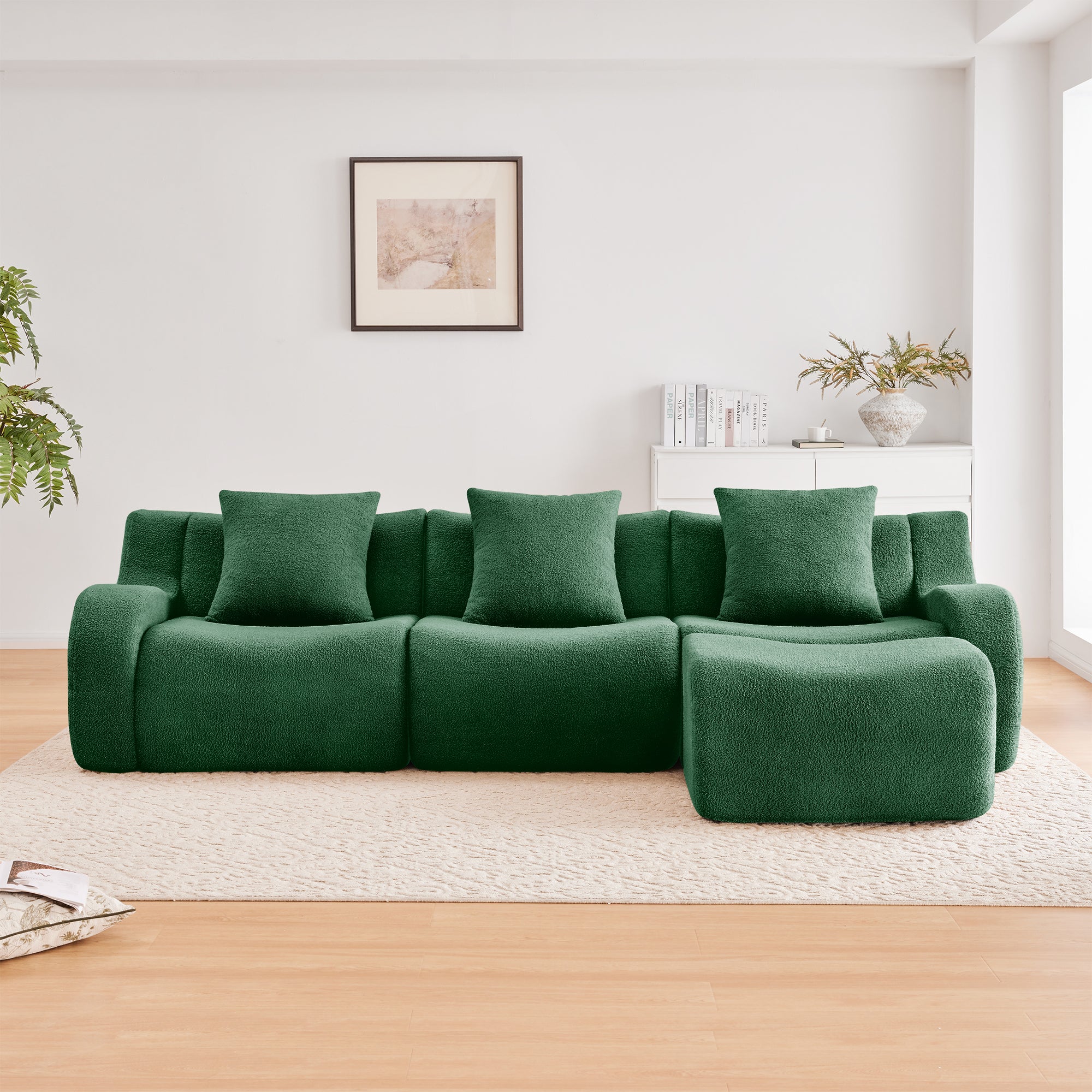Chico 115" Modular Teddy Fabric L-Shaped Sofa with Curved Armrests and Movable Ottoman