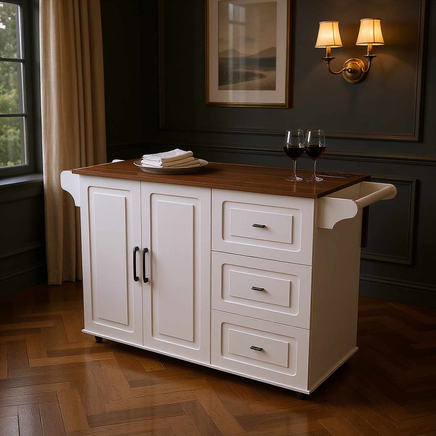 White Kitchen Island Cart with Foldable Tabletop & Drop Leaf - Mobile Breakfast Bar
