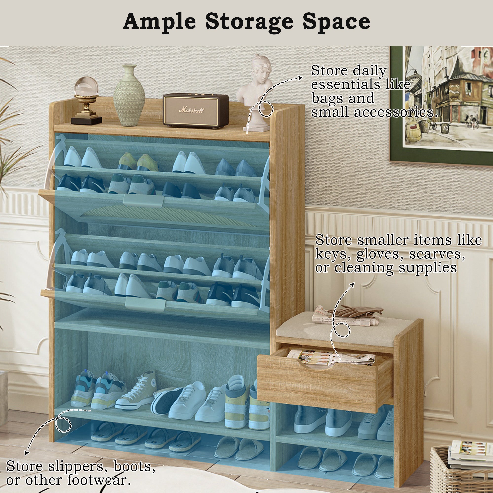 Willow Rattan Shoe Storage Cabinet with Flip Drawers & Bench, Natural Wood Finish