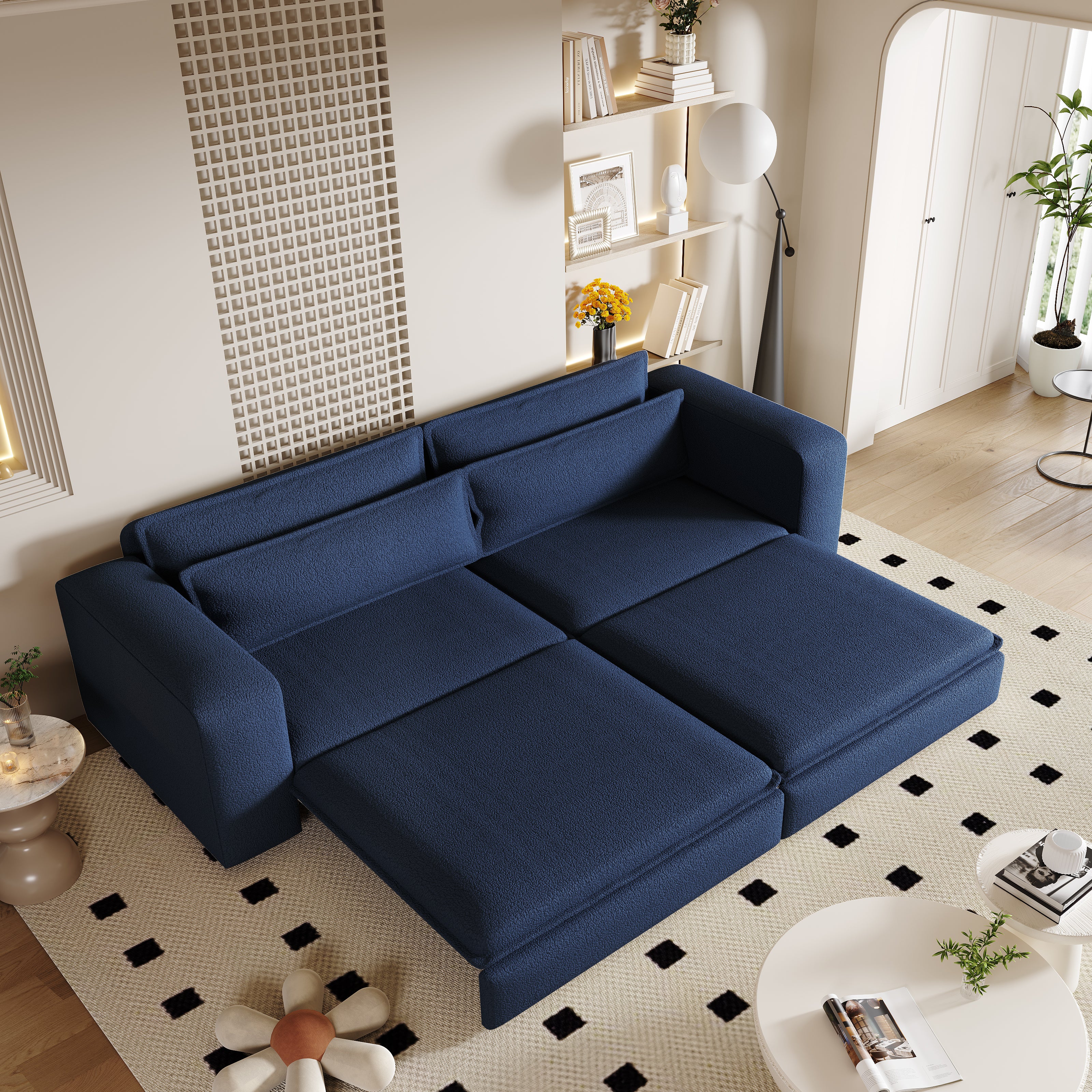 Cary 93" King Size Teddy Convertible Pull-Out Sleeper Sofa Bed with Chaise Lounge and Lumbar Pillows