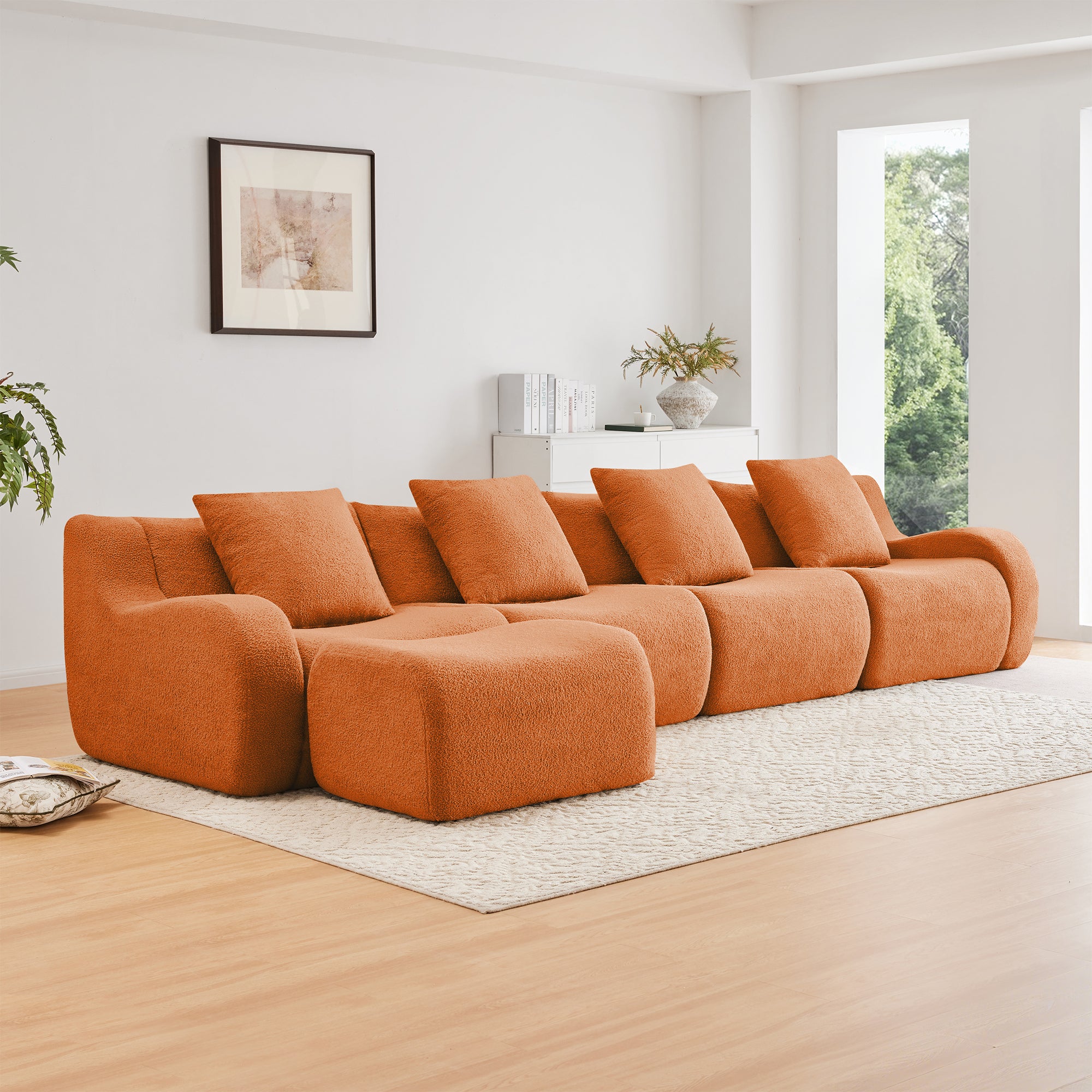 Chico 148" Modular Teddy Fabric L-Shaped Sectional Sofa with Curved Armrests and Ottoman