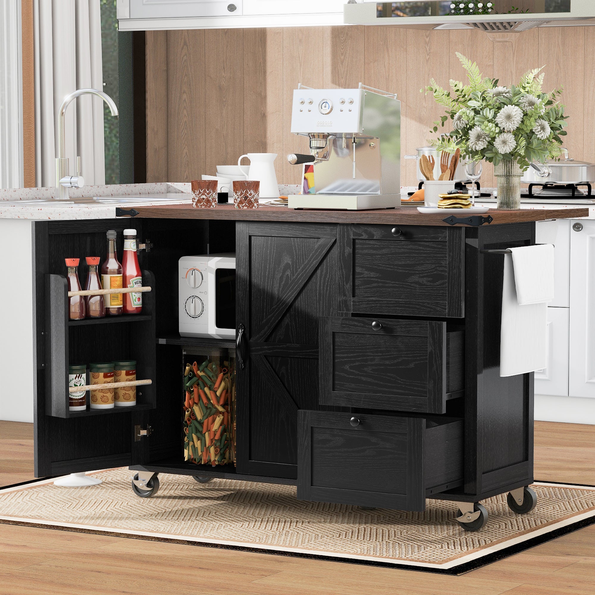 54.5" Farmhouse Kitchen Island with Power Outlet, Kitchen Storage Island  with Internal Storage Rack, Drop Leaf, Spice Rack, Rolling Kitchen Cart on Wheels, for Home, Kitchen and Dining Room,Black