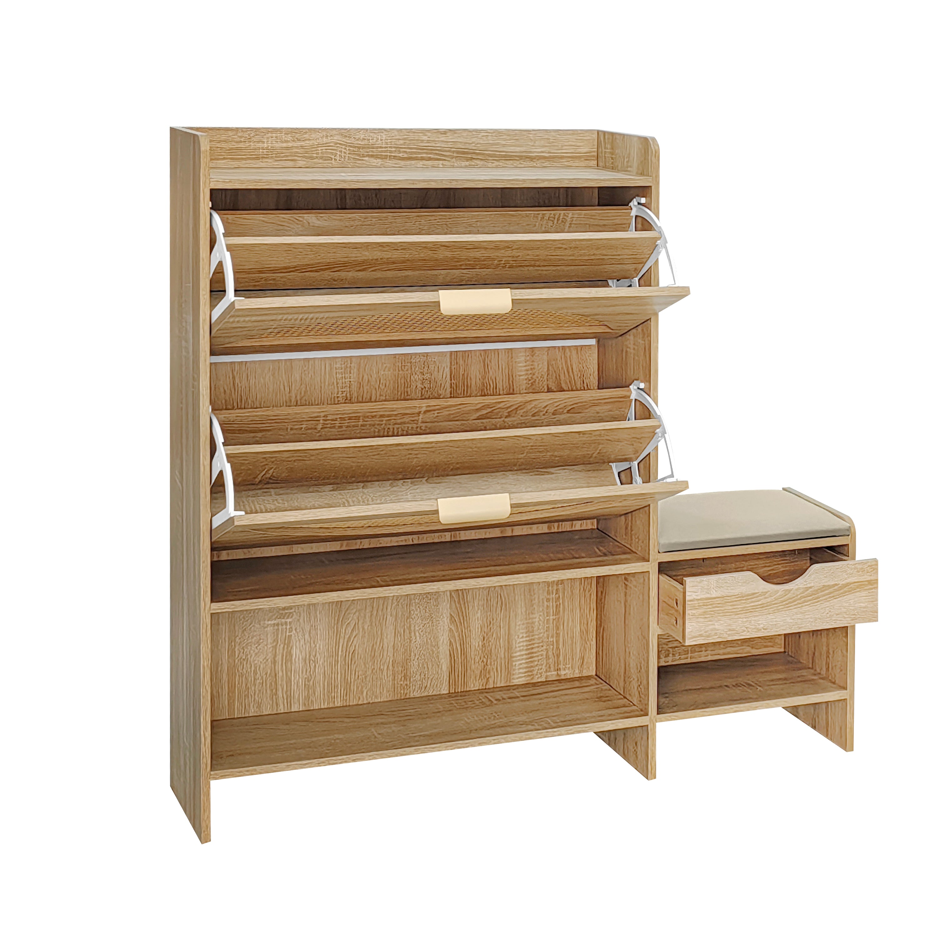 Willow Rattan Shoe Storage Cabinet with Flip Drawers & Bench, Natural Wood Finish