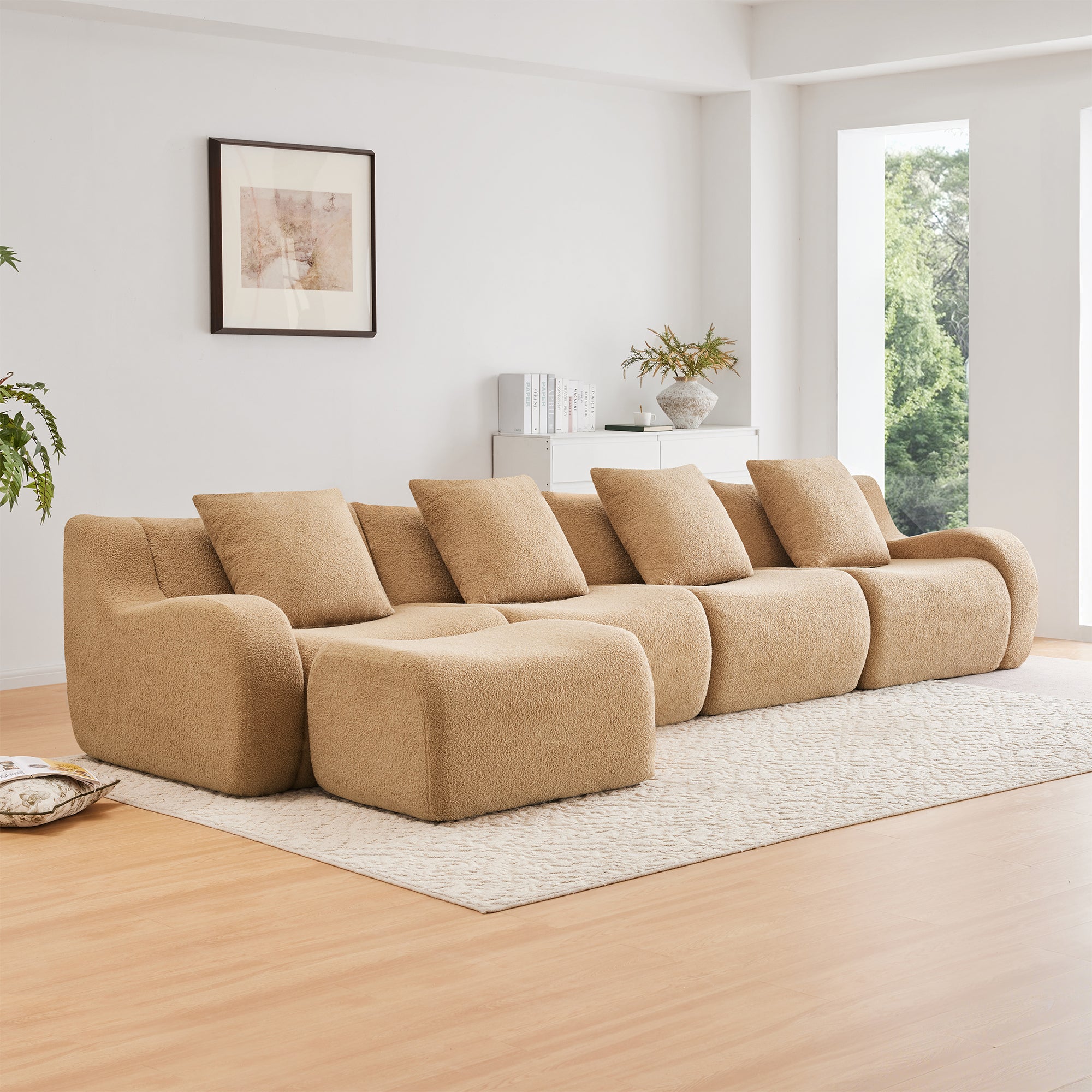 Chico 148" Modular Teddy Fabric L-Shaped Sectional Sofa with Curved Armrests and Ottoman