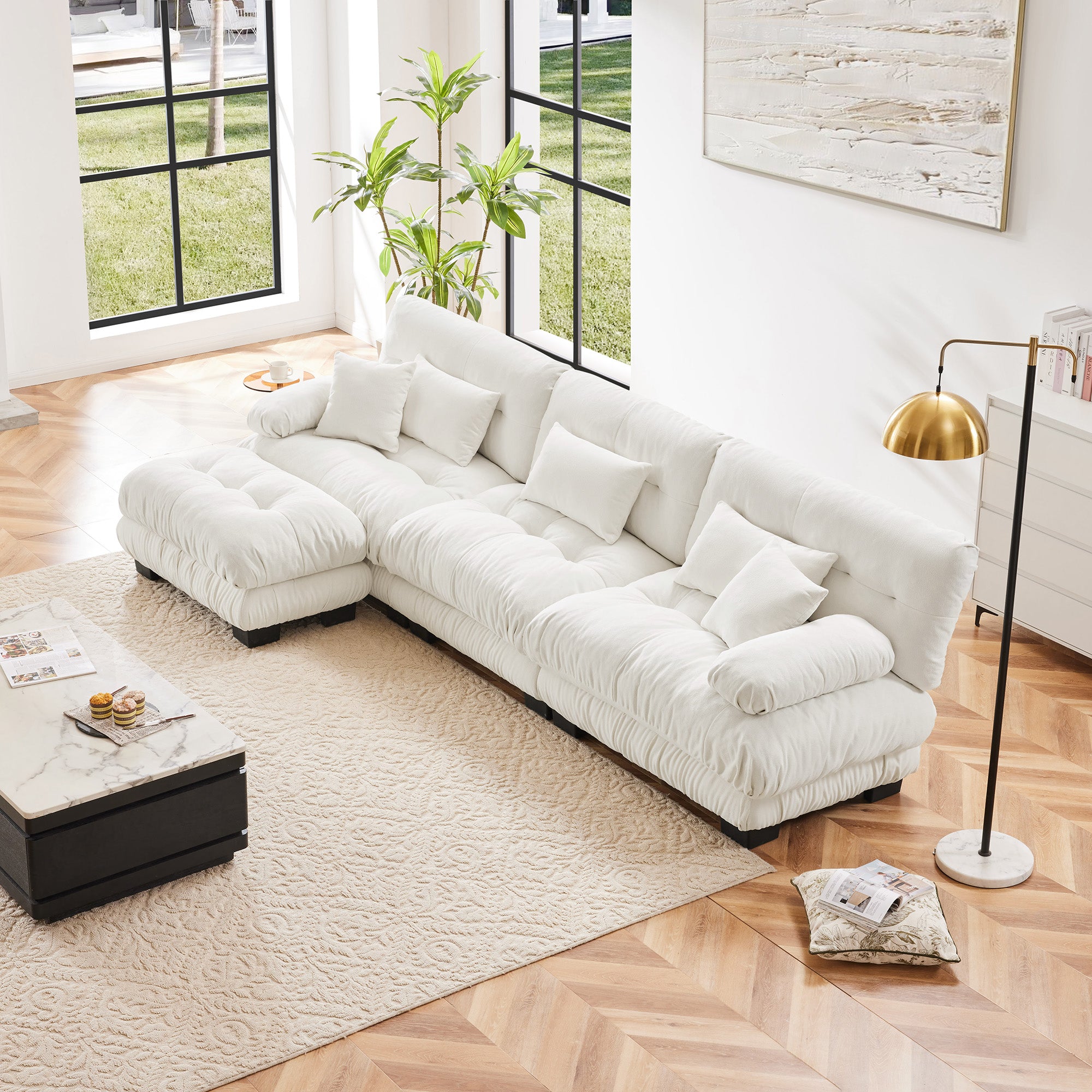 Monterey 134" Modular Chenille Cloud L-Shaped Sectional Sofa with Convertible Ottoman