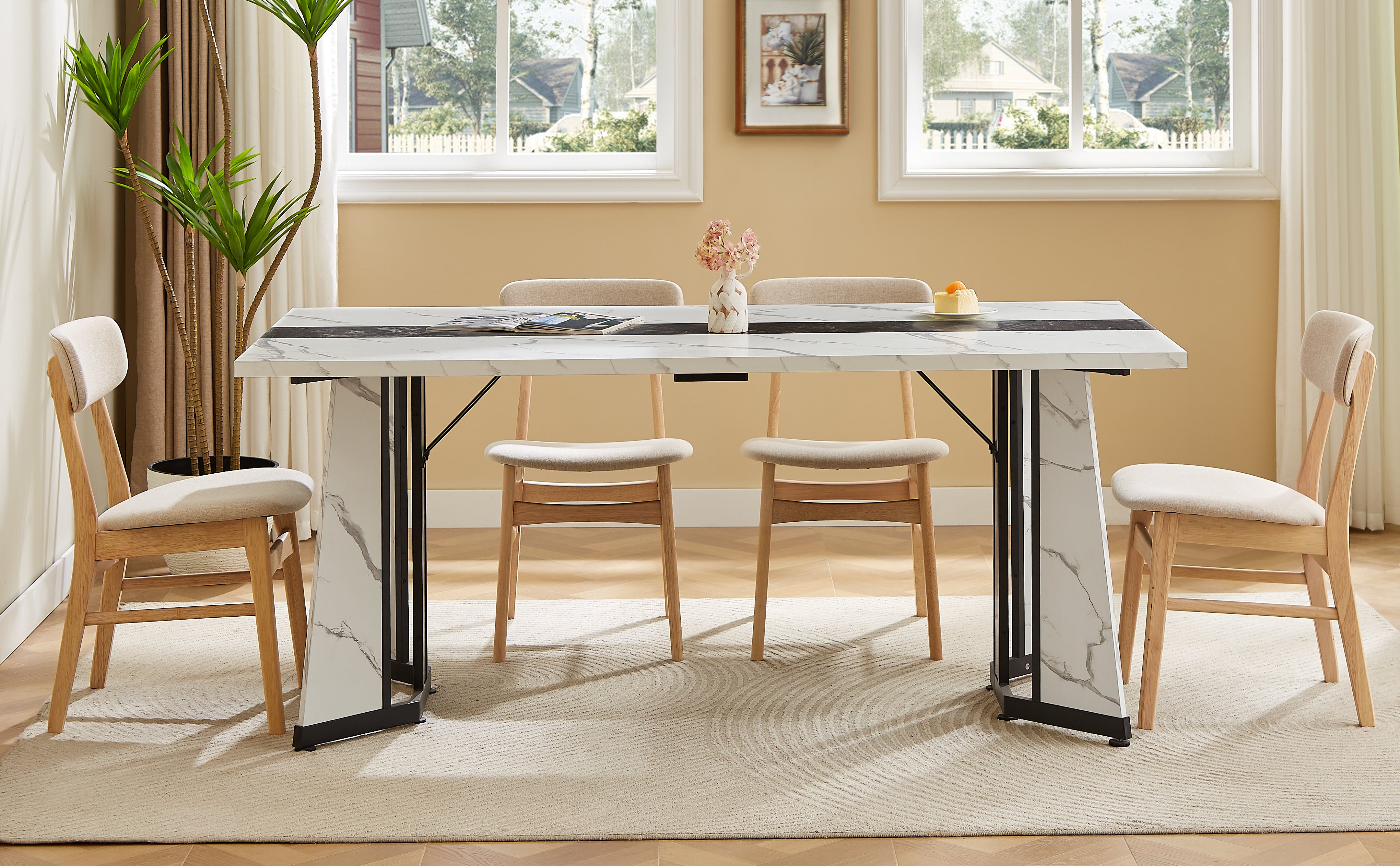 Arden 70.9" Modern White Marble Dining Table for 8 People with Adjustable Legs