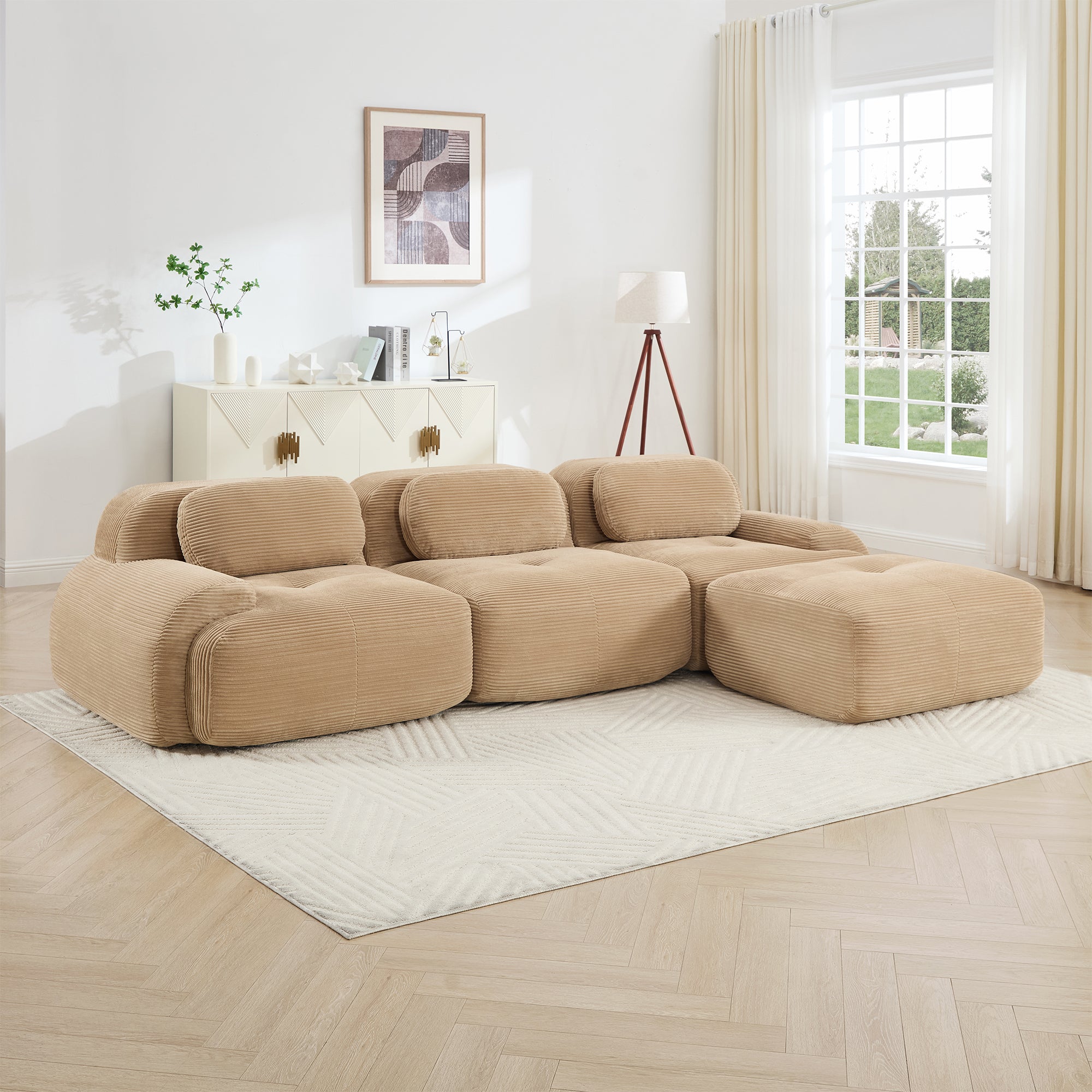 Anchorage 116" Modular Corduroy Cloud L-Shaped Sectional Sofa with Ottoman