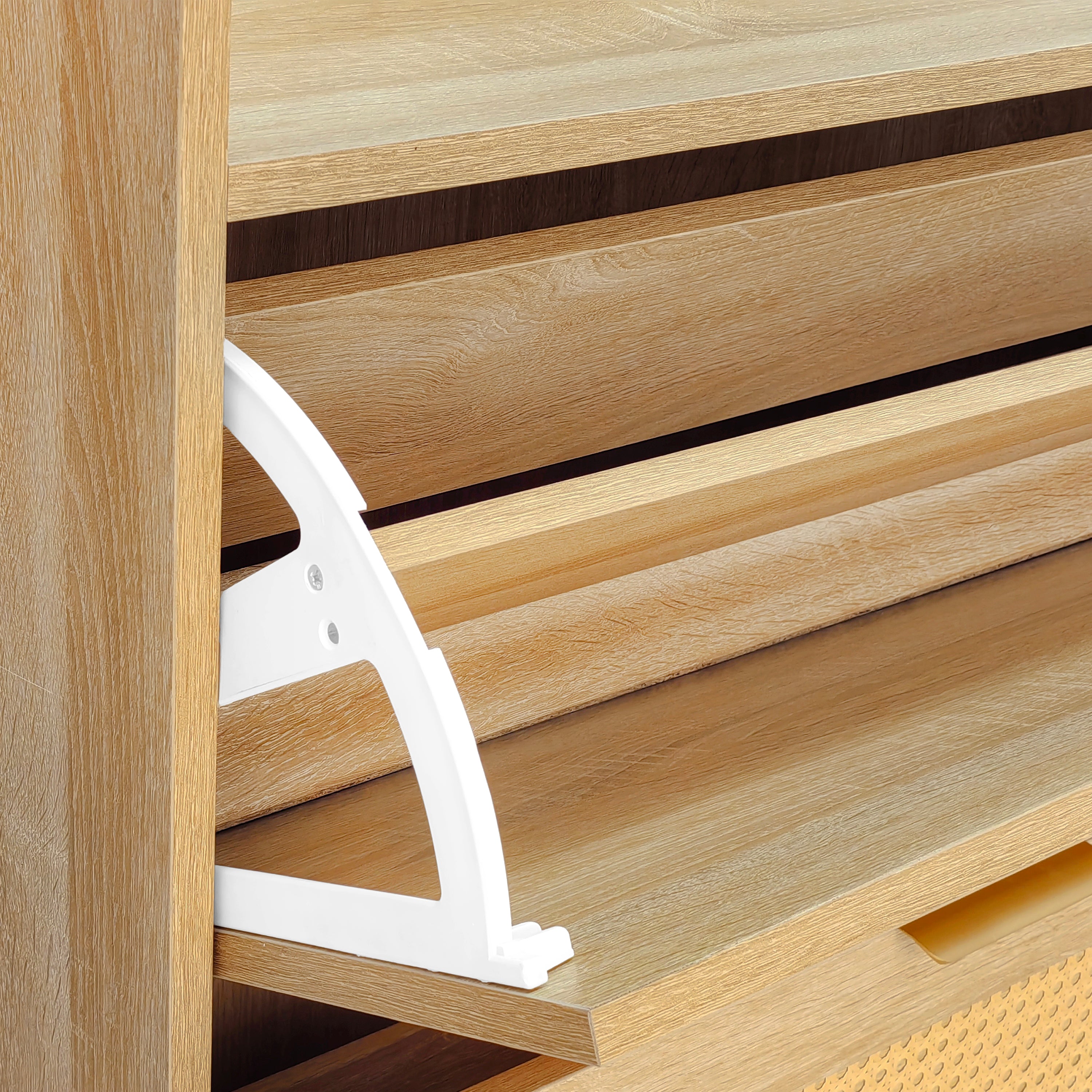Willow Rattan Shoe Storage Cabinet with Flip Drawers & Bench, Natural Wood Finish