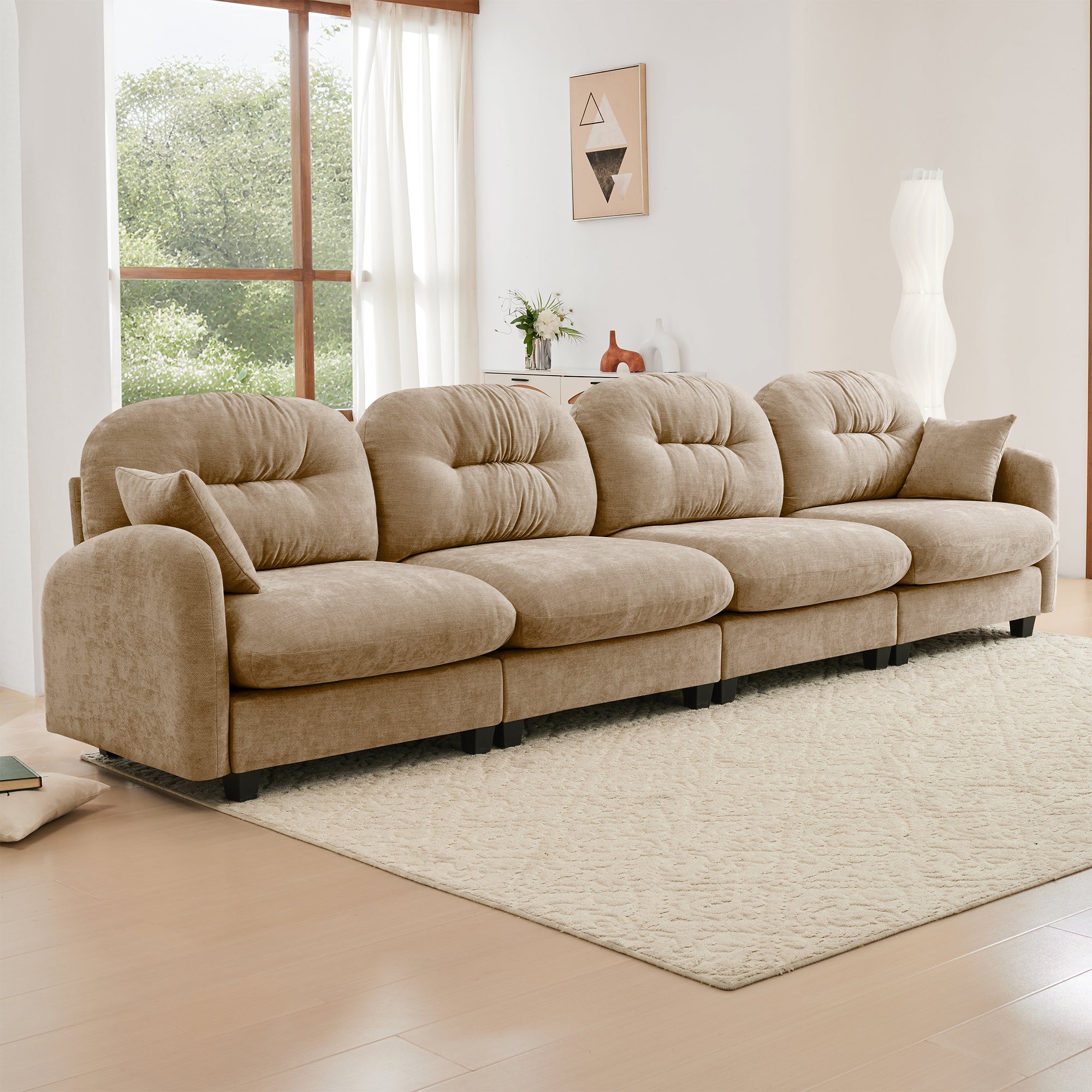 Roselyn 140" Modular Chenille Cloud 4-Seater Sofa with Tufted Cushion Backrest and  Pillows