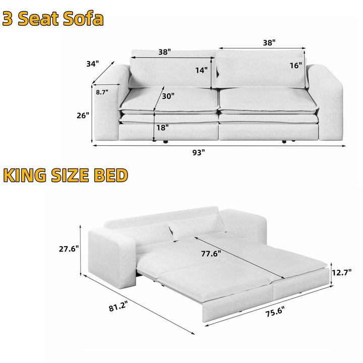 Cary 93" King Size Teddy Convertible Pull-Out Sleeper Sofa Bed with Chaise Lounge and Lumbar Pillows
