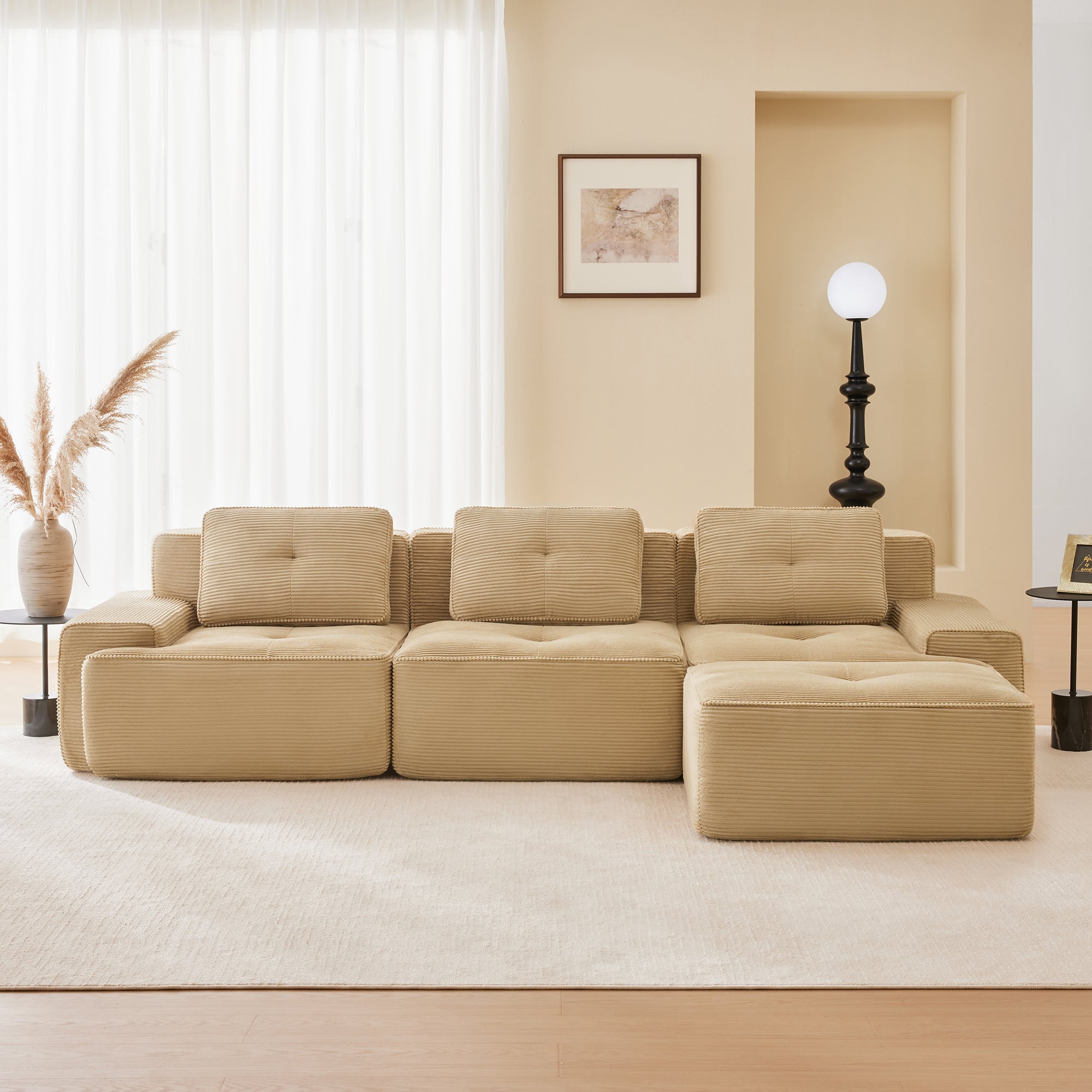 Racine 117" Modular Corduroy Fabric L-Shaped Sectional Sofa with Movable Ottoman