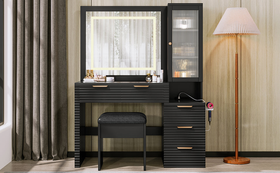 Fernwood 43.5" Fluted Makeup Vanity Set with Lighted Mirror and Charging Station