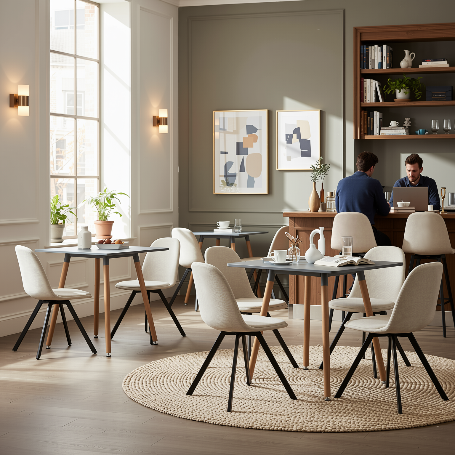 Homy Casa Rookie 5PC Dining Table Set 31.5” Square Grey Table with 4 Sunflower Beige Swival Upholstered Chairs