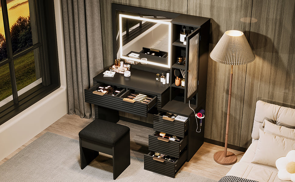 Fernwood 43.5" Fluted Makeup Vanity Set with Lighted Mirror and Charging Station