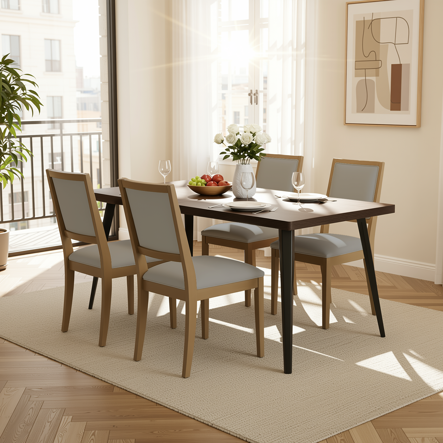Homy Casa Stan 5PC Dining Set 63” Brown Table with 4 Siget Upholstered Solid Wood Chairs