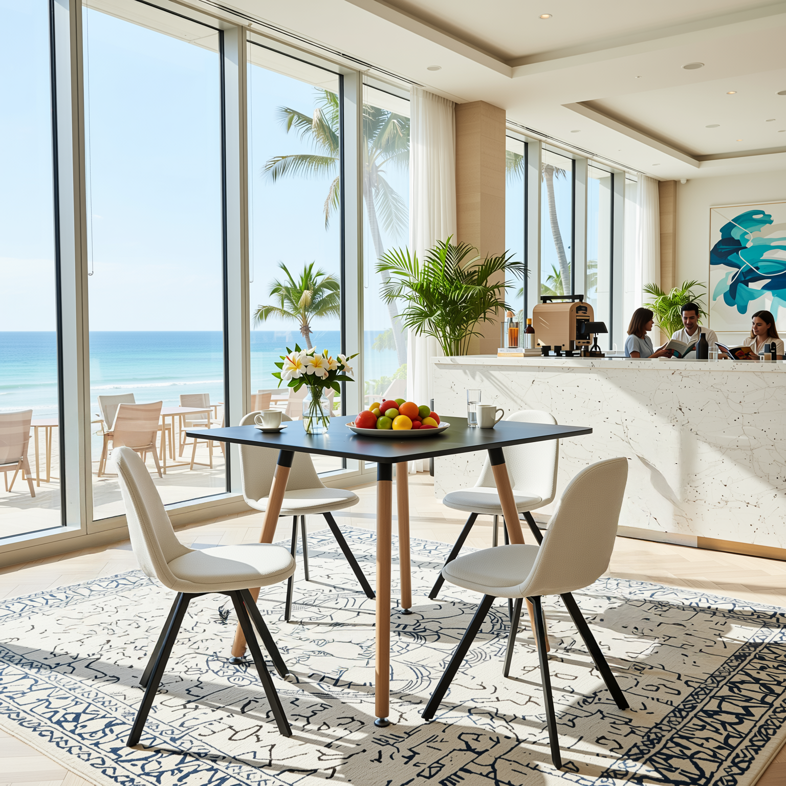 Homy Casa Rookie 5PC Dining Table Set 31.5” Square Black Table with 4 Sunflower Beige Swival Upholstered Chairs