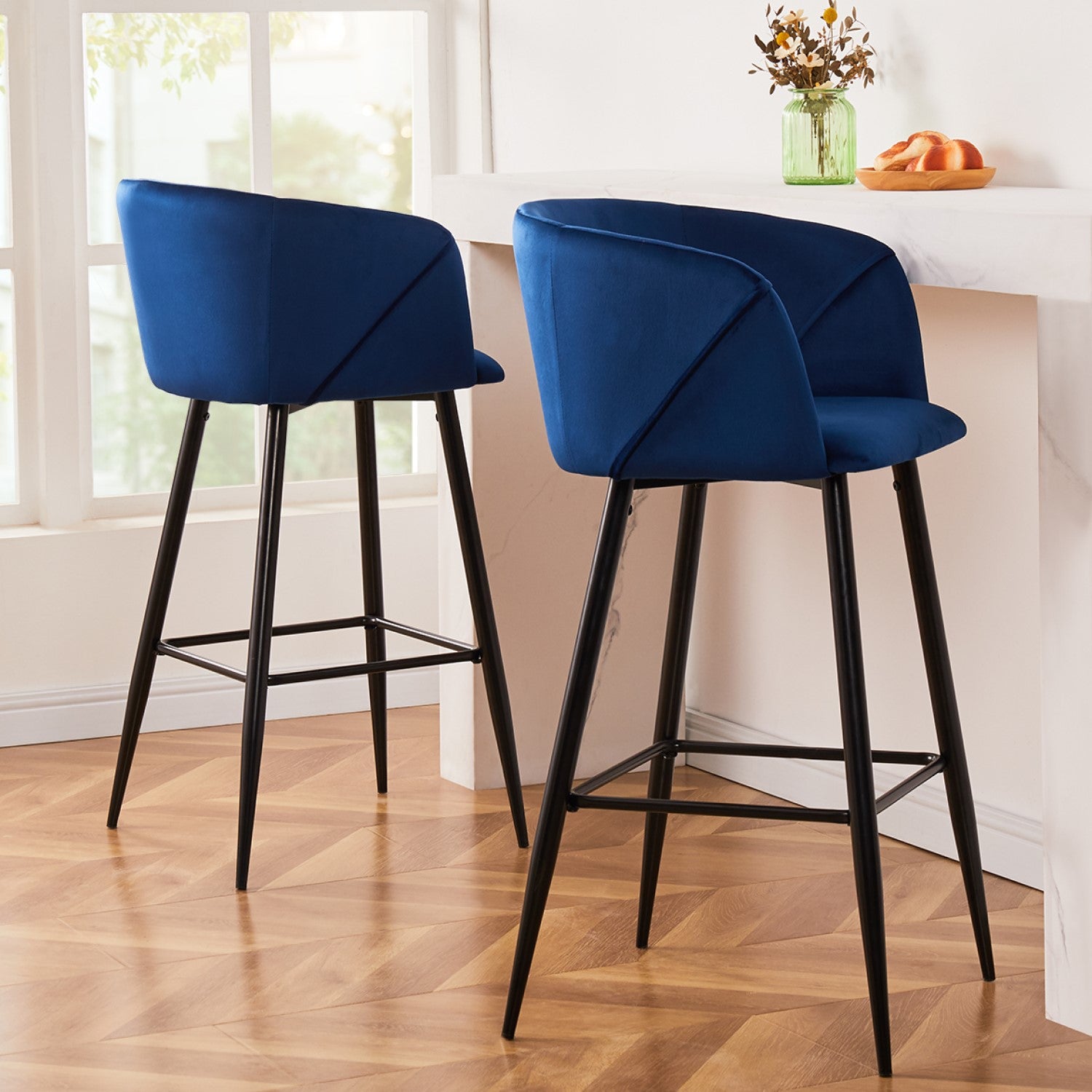 Homy Casa Aldridge Blue 2PC 26" Velvet Upholstered Counter Stools, Open Box