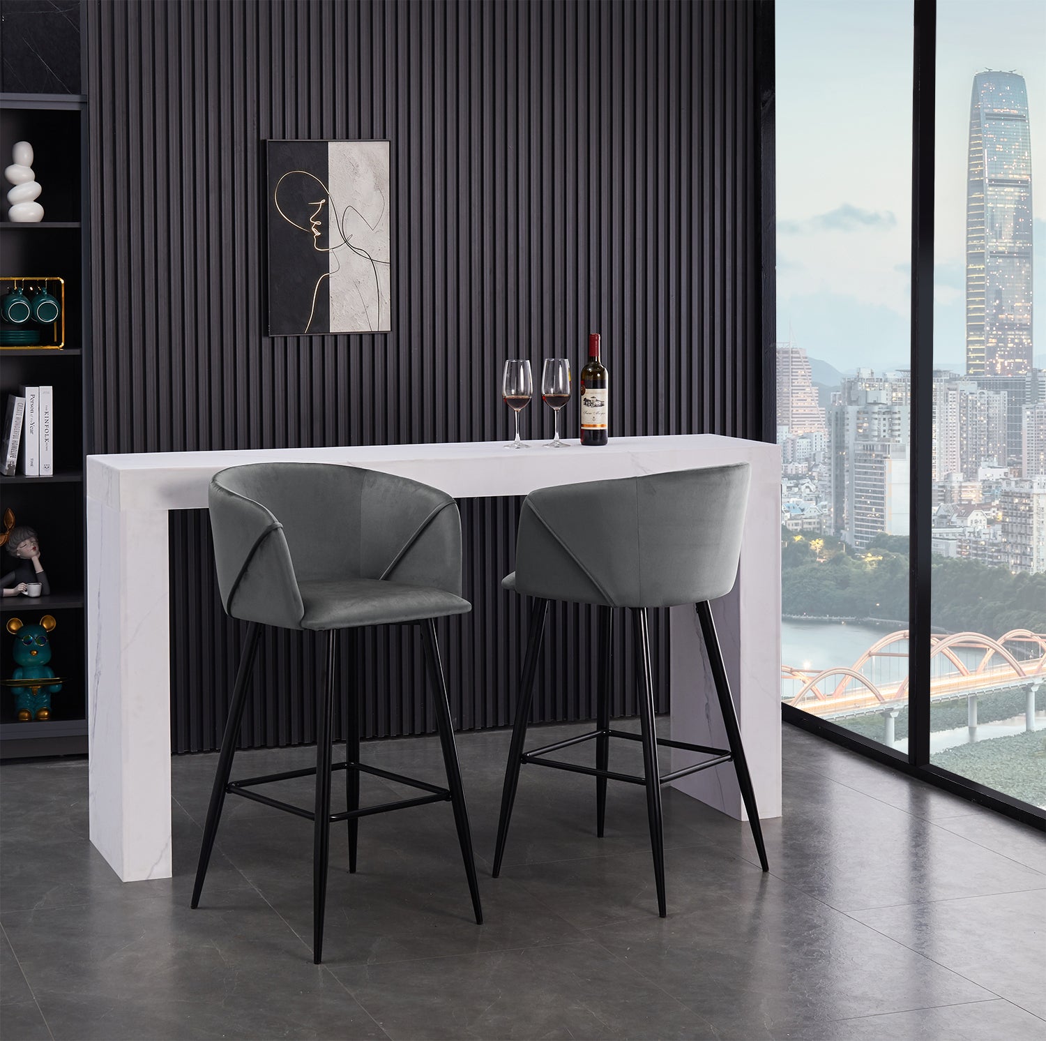 Homy Casa Aldridge Grey 2PC 26" Velvet Upholstered Counter Stools, Open Box