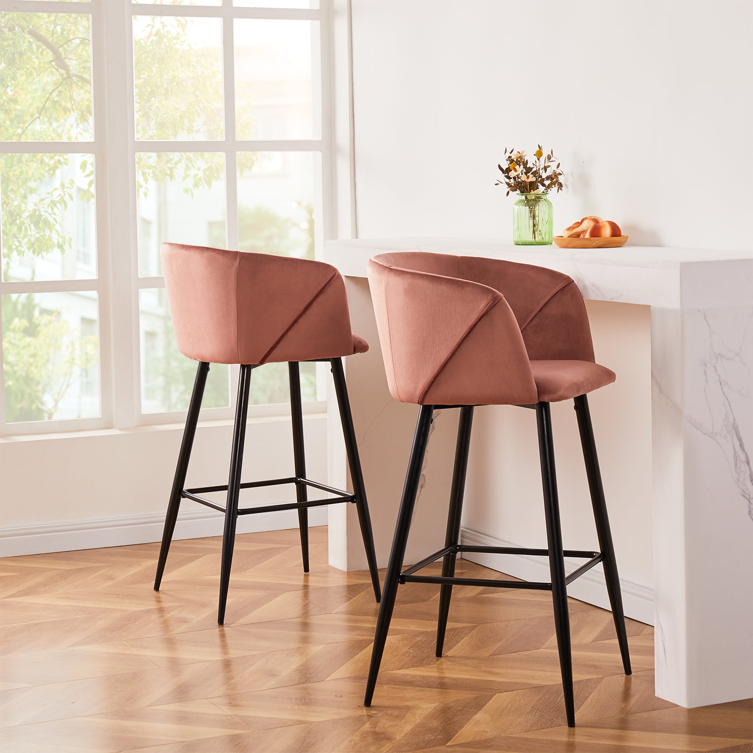 Homy Casa Aldridge Rose 2PC 26" Velvet Upholstered Counter Stools, Open Box