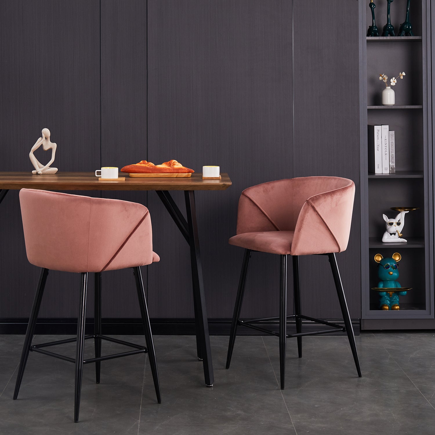 Homy Casa Aldridge Rose 2PC 26" Velvet Upholstered Counter Stools, Open Box