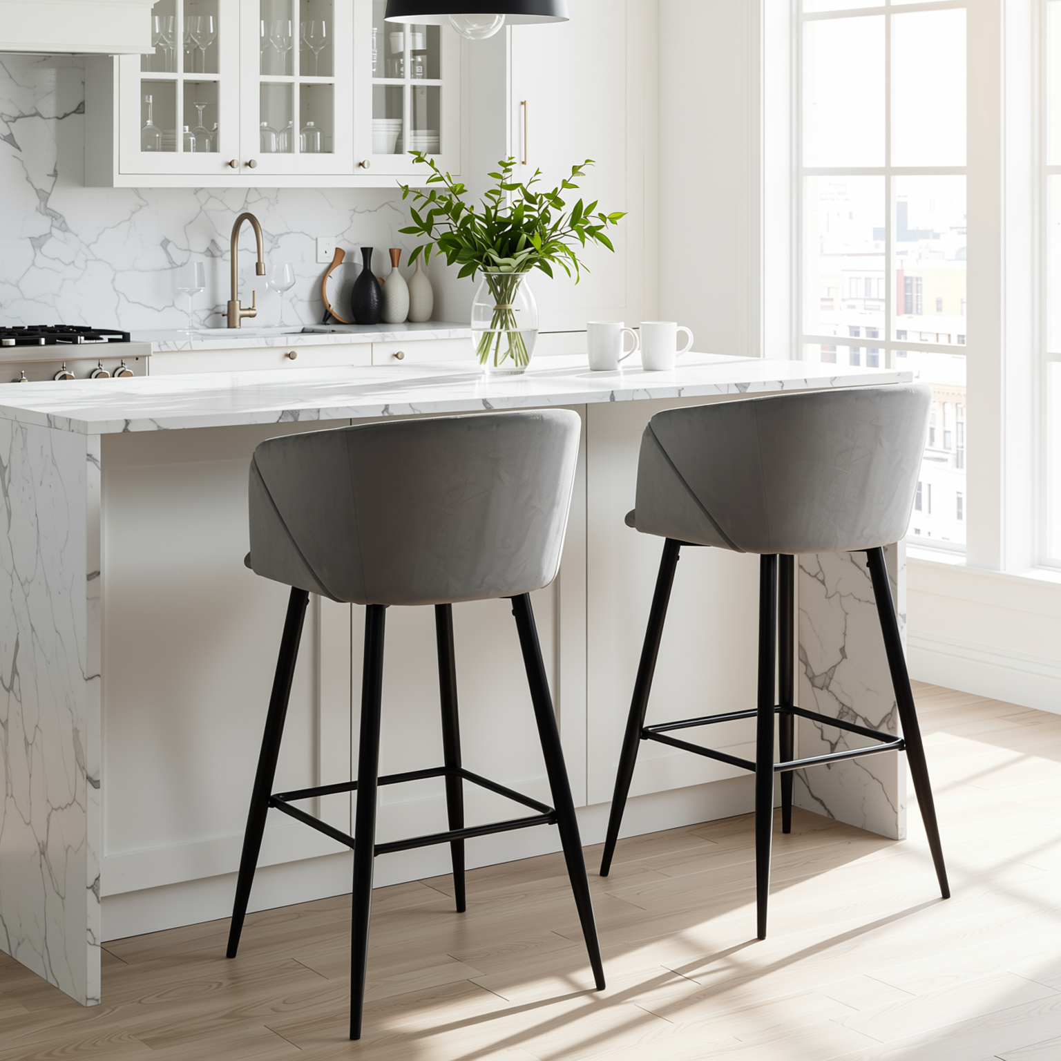 Homy Casa Aldridge Grey 2PC 30" Velvet Upholstered Bar Stools, Open Box