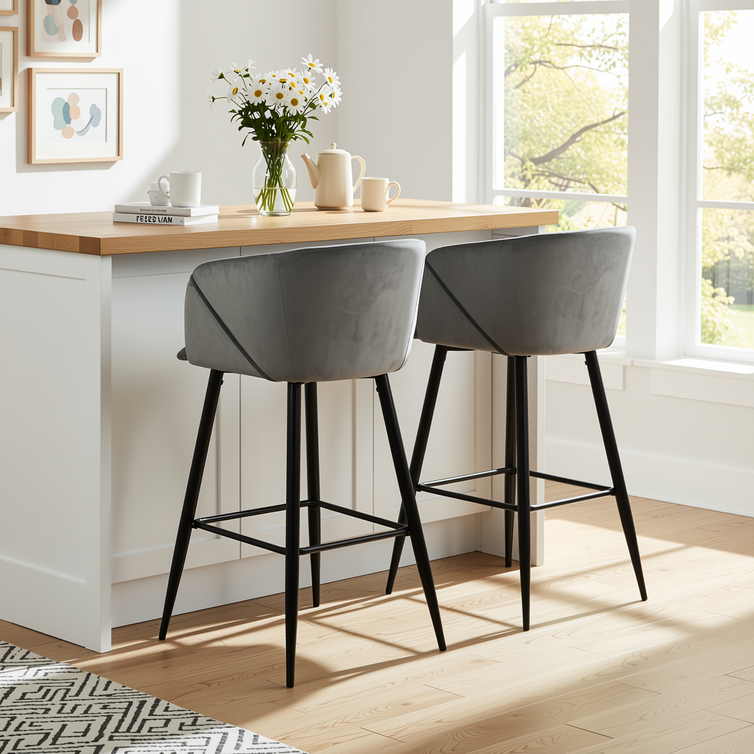 Homy Casa Aldridge Grey 2PC 30" Velvet Upholstered Bar Stools, Open Box