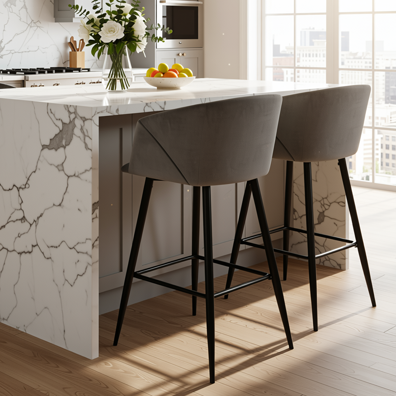 Homy Casa Aldridge Grey 2PC 30" Velvet Upholstered Bar Stools, Open Box