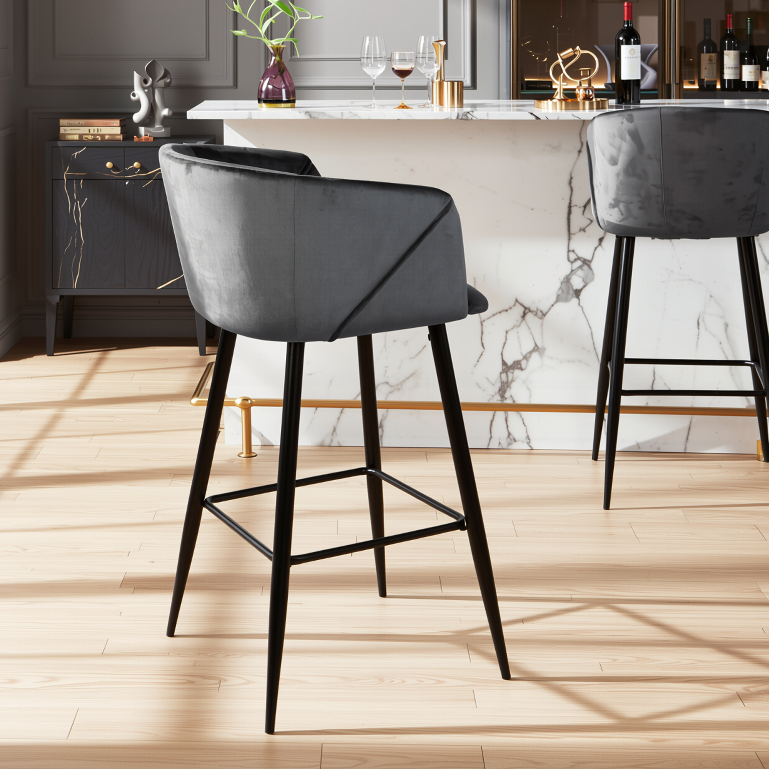 Homy Casa Aldridge Grey 2PC 30" Velvet Upholstered Bar Stools, Open Box