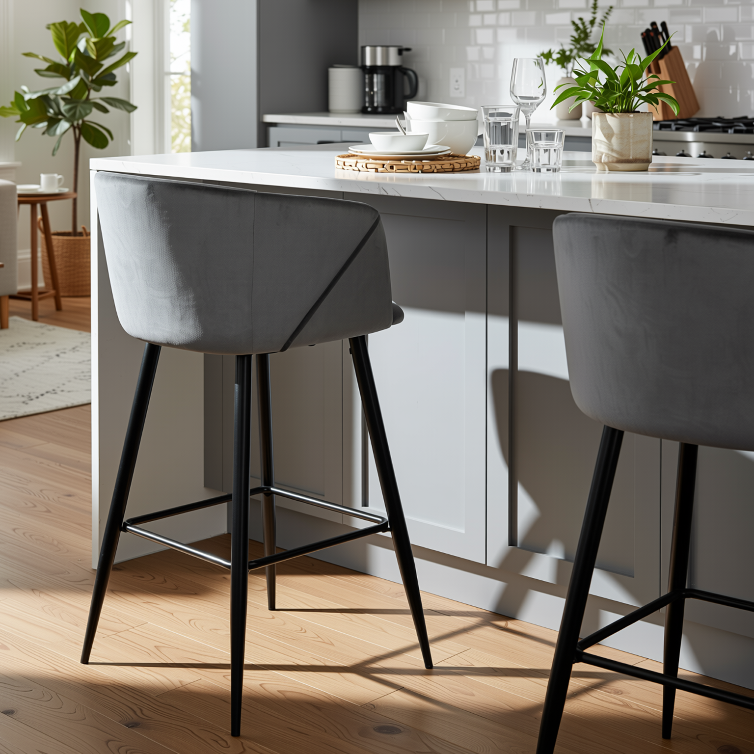 Homy Casa Aldridge Grey 2PC 26" Velvet Upholstered Counter Stools, Open Box