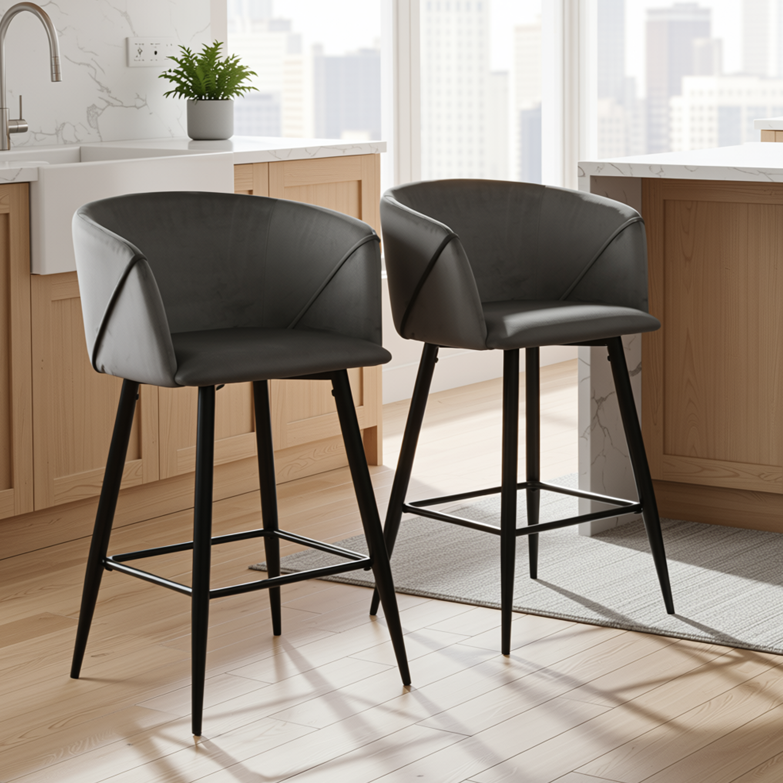 Homy Casa Aldridge Grey 2PC 26" Velvet Upholstered Counter Stools, Open Box