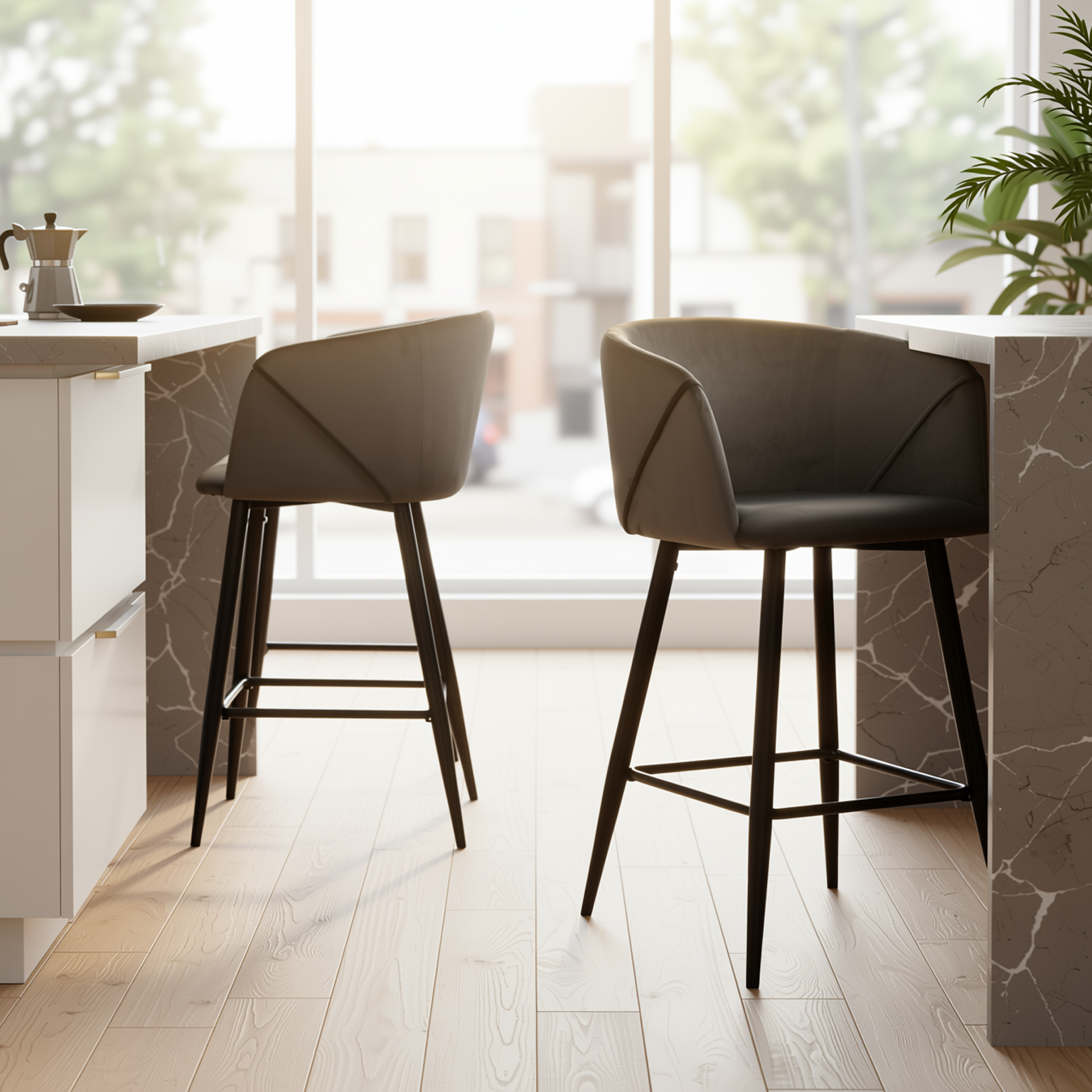 Homy Casa Aldridge Grey 2PC 26" Velvet Upholstered Counter Stools, Open Box