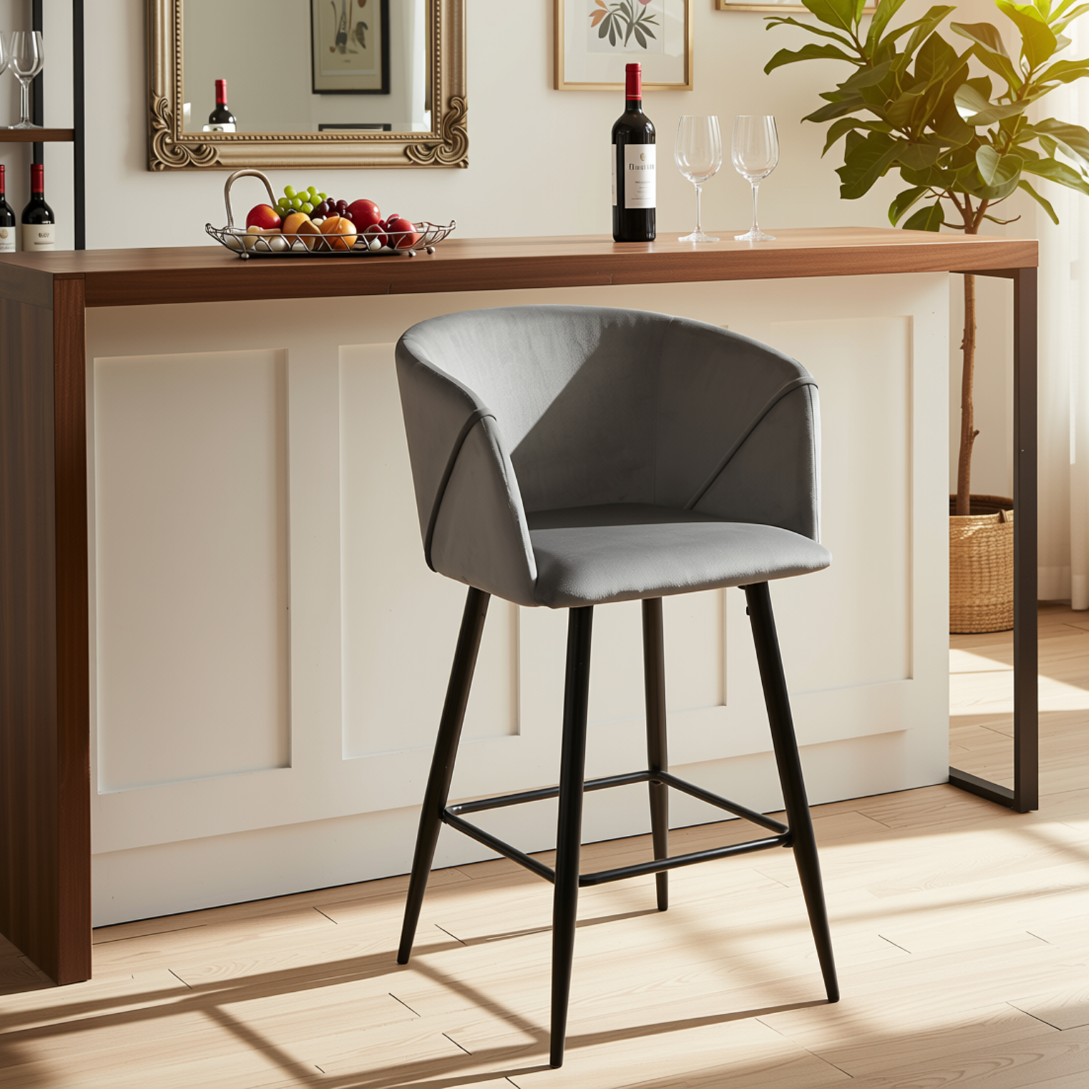 Homy Casa Aldridge Grey 2PC 26" Velvet Upholstered Counter Stools, Open Box