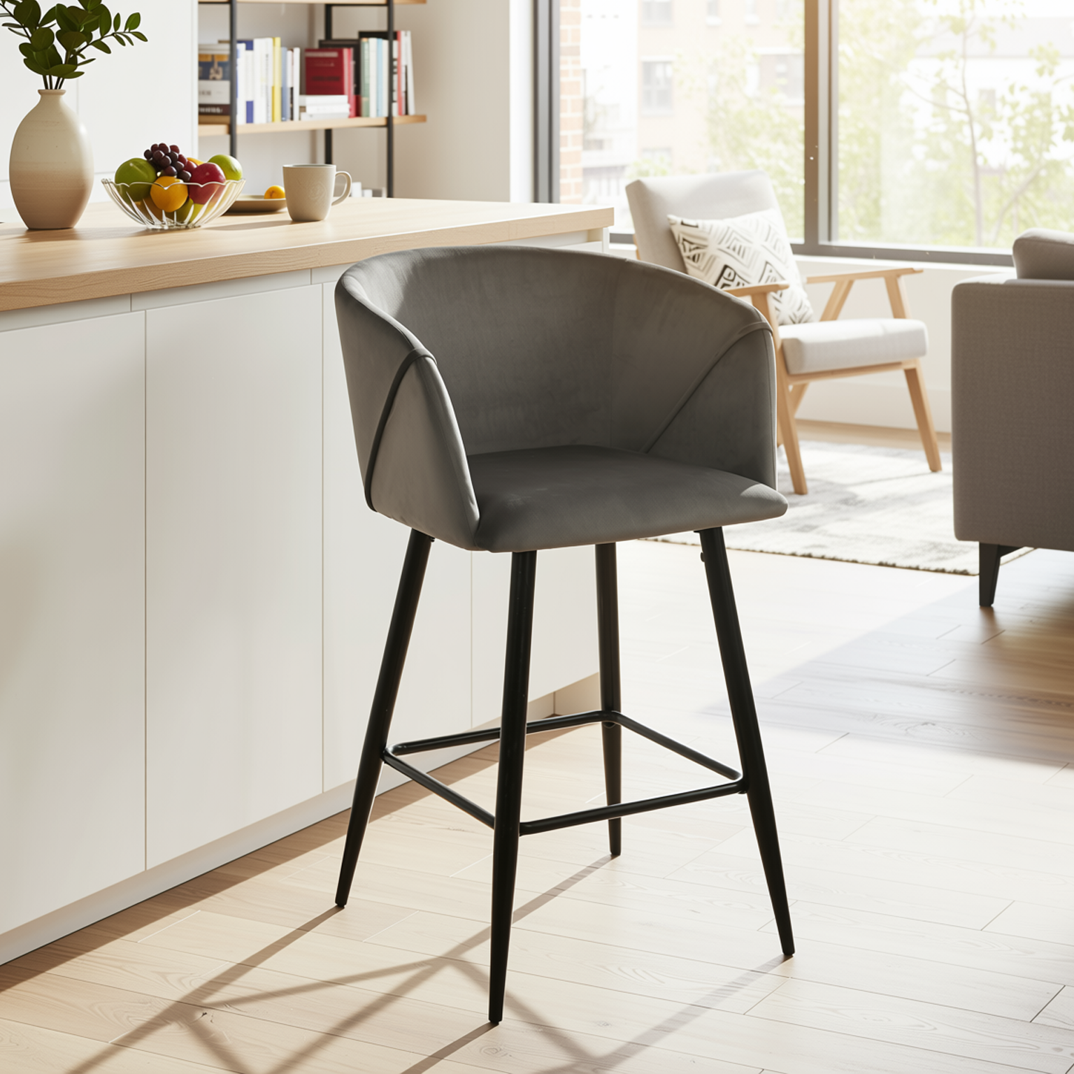 Homy Casa Aldridge Grey 2PC 26" Velvet Upholstered Counter Stools, Open Box