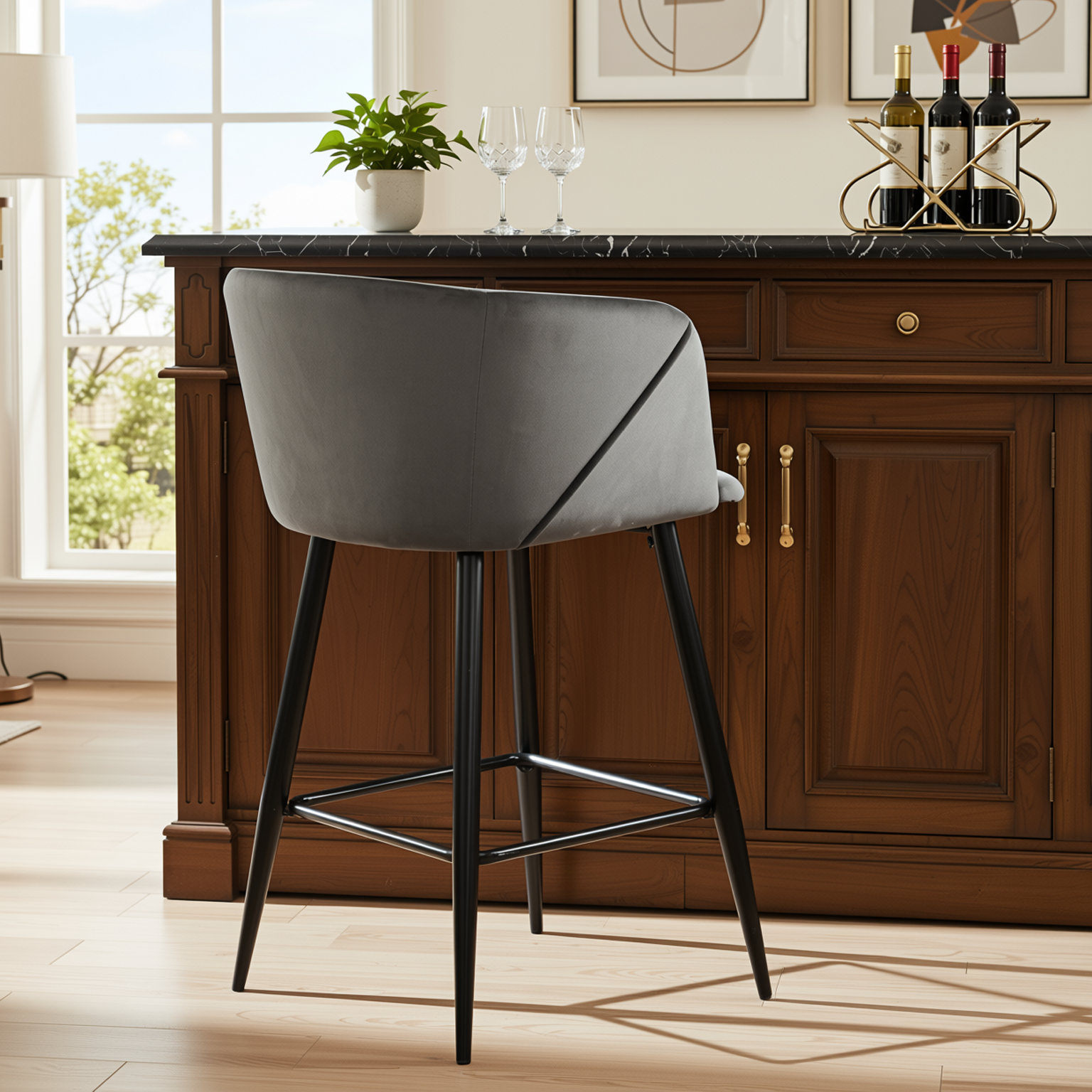 Homy Casa Aldridge Grey 2PC 26" Velvet Upholstered Counter Stools, Open Box